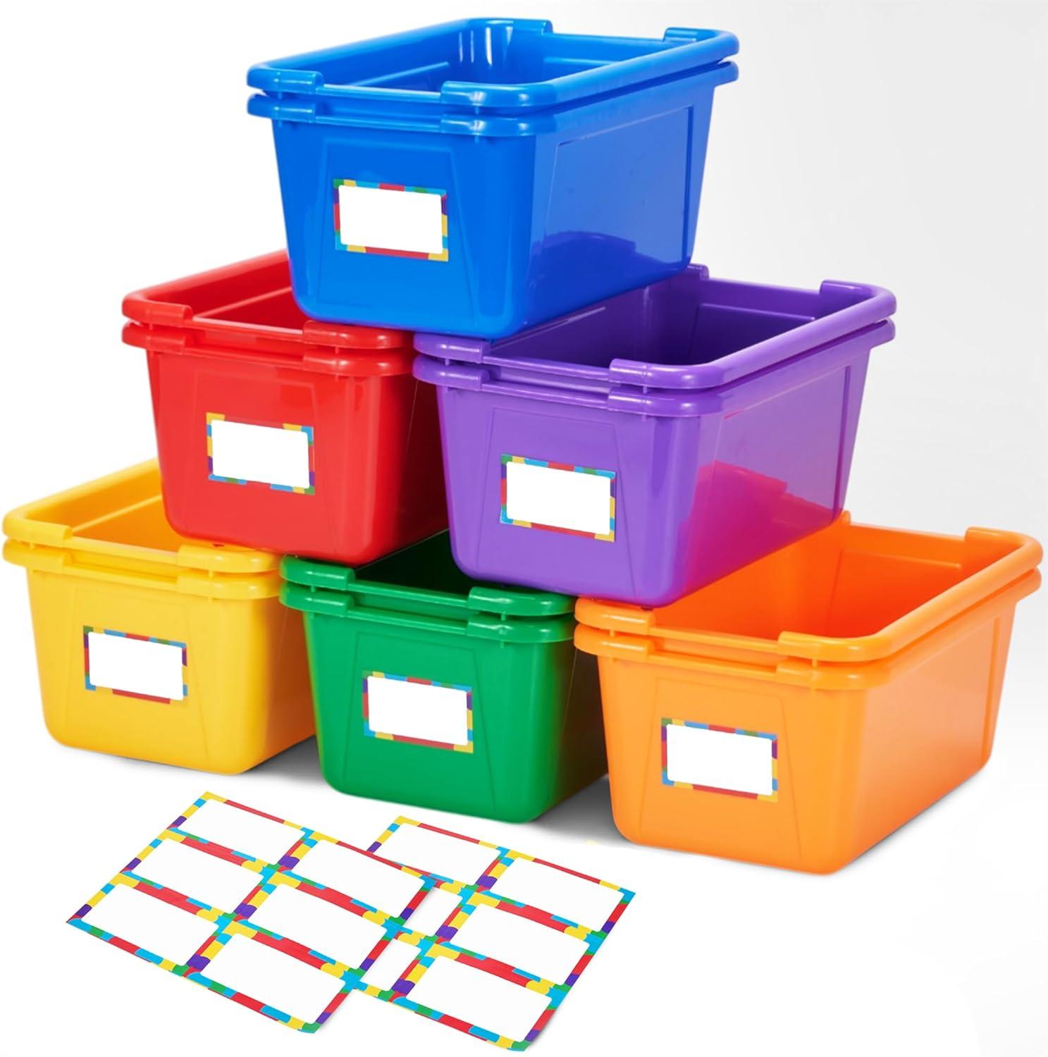 GAMENOTE 6 Quart Open Storage Bins – 6 Pack Rainbow Plastic Stackable Bins for Classroom & Kids Toy Organization with Removable Labeling Stickers, Opaque Shoe Box Size Containers for Crafts & Building(12)