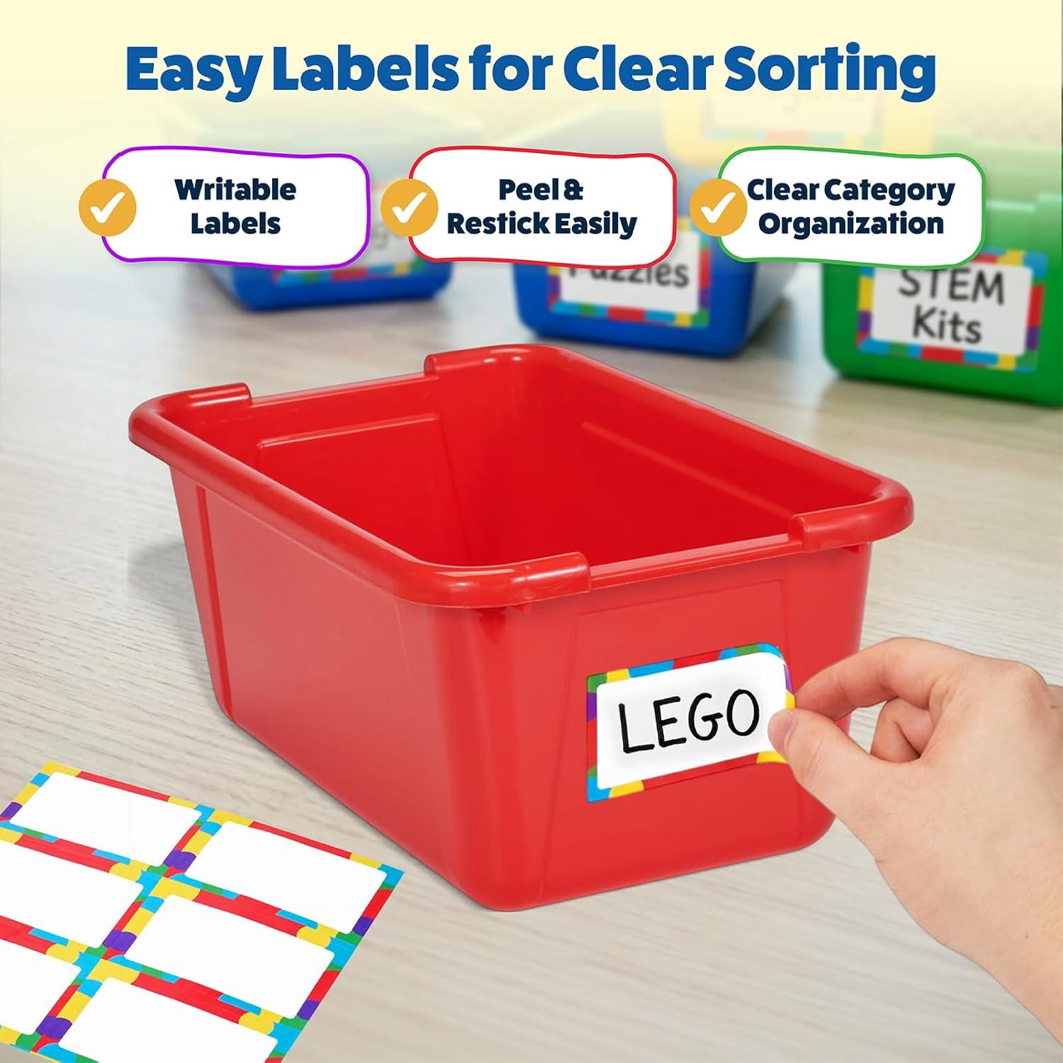 GAMENOTE 6 Quart Open Storage Bins – 6 Pack Rainbow Plastic Stackable Bins for Classroom & Kids Toy Organization with Removable Labeling Stickers, Opaque Shoe Box Size Containers for Crafts & Building(12)