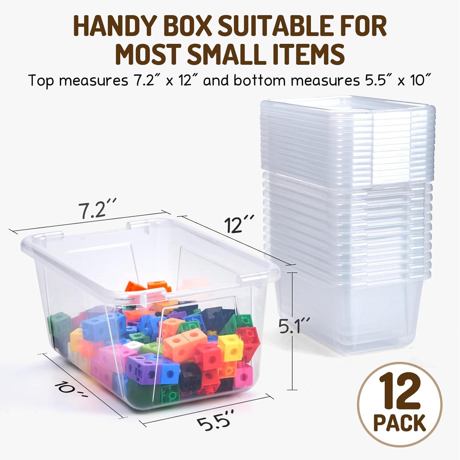 GAMENOTE 6 Quart Open Storage Bins – 6 Pack Rainbow Plastic Stackable Bins for Classroom & Kids Toy Organization with Removable Labeling Stickers, Opaque Shoe Box Size Containers for Crafts & Building(12)