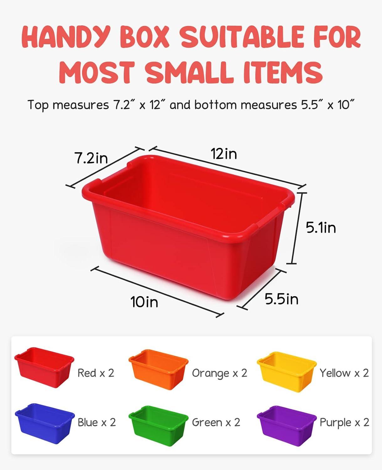 GAMENOTE 6 Quart Open Storage Bins – 6 Pack Rainbow Plastic Stackable Bins for Classroom & Kids Toy Organization with Removable Labeling Stickers, Opaque Shoe Box Size Containers for Crafts & Building(12)