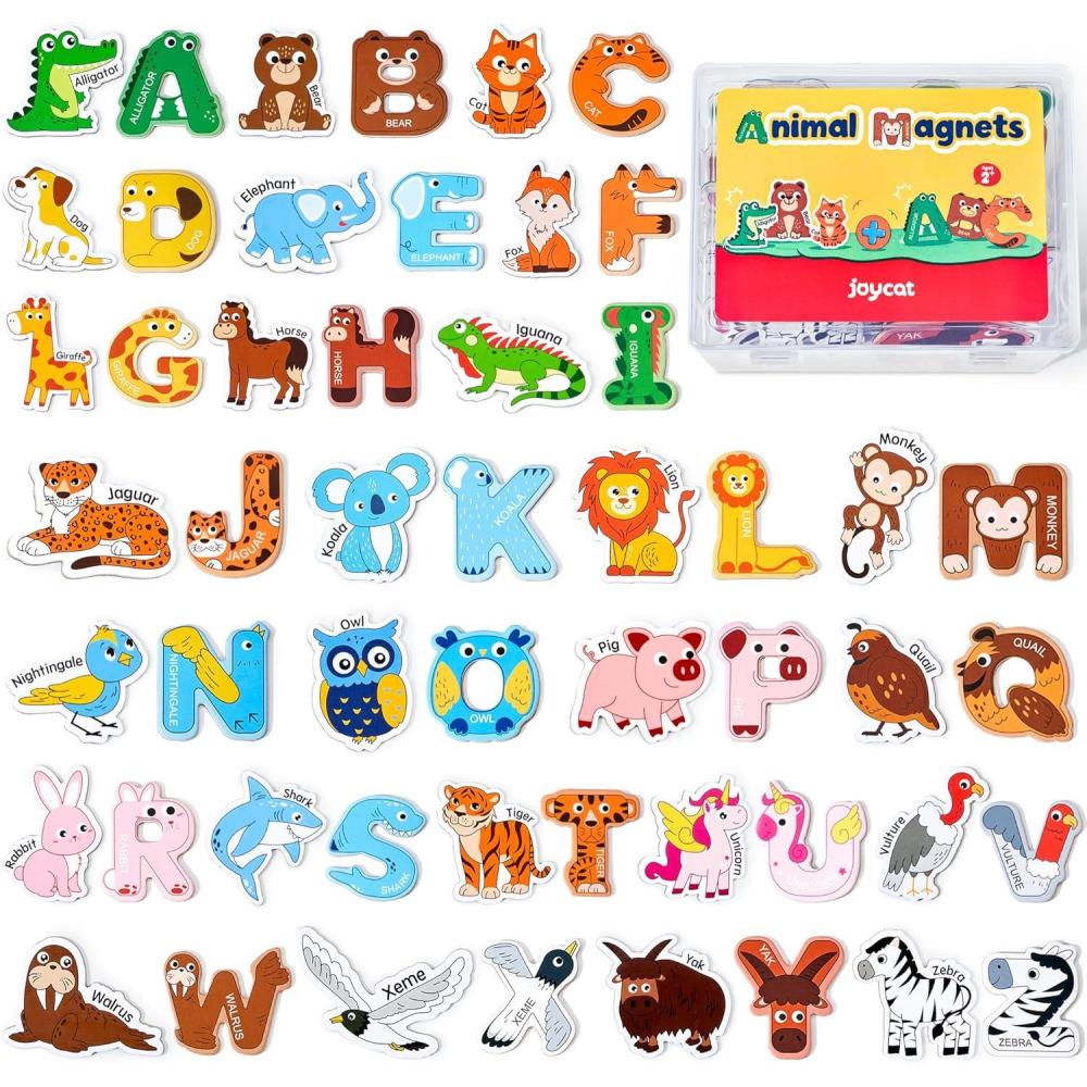 JoyCat Wooden Thick Alphabet Magnets for Toddlers Fridge Large Size Cute Animal Colorful ABC Magnetic Letters 26 Uppercase Letters 0-9 Numbers Toy Set for Kids Toddlers Preschool Learning Spelling(Letters+Animals)