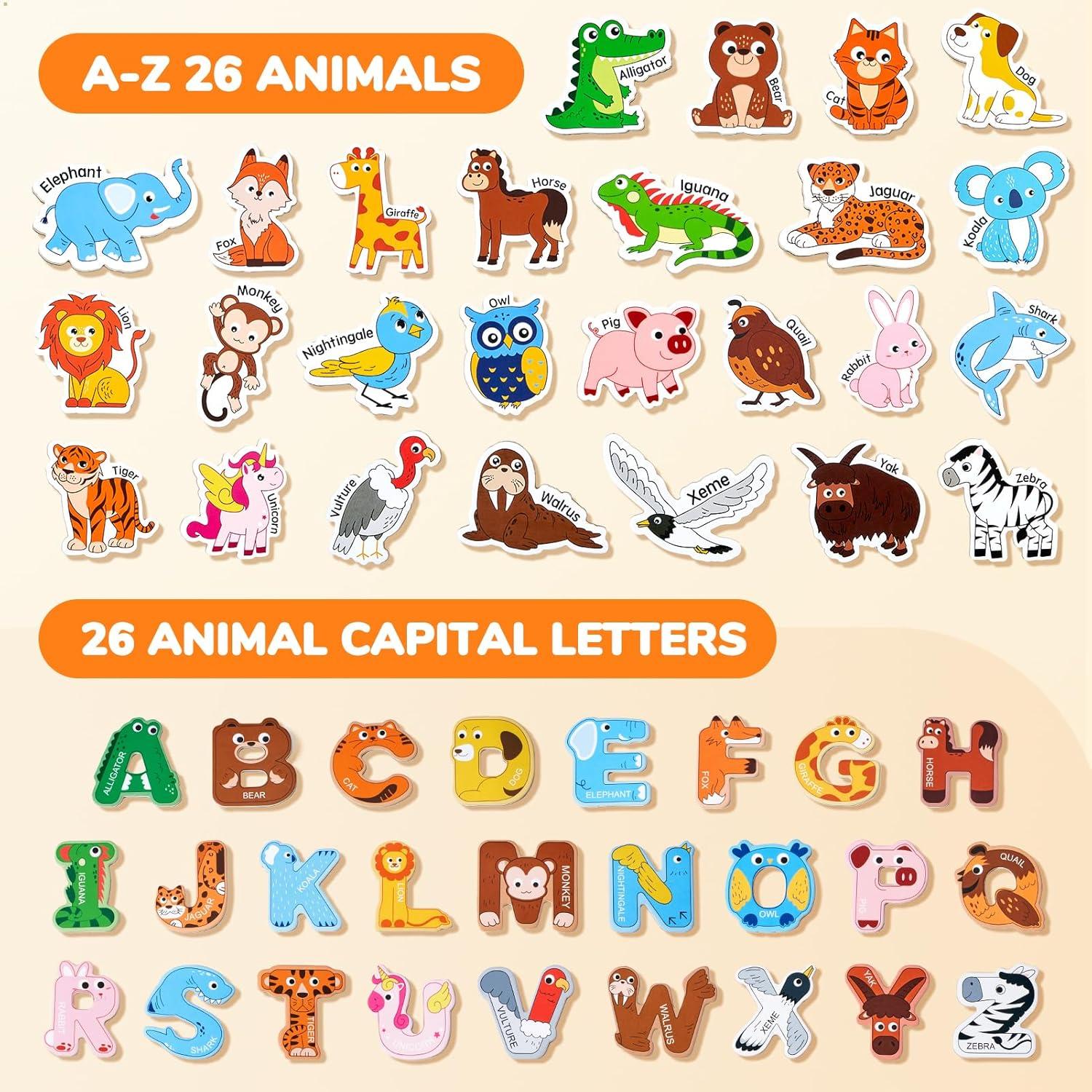 JoyCat Wooden Thick Alphabet Magnets for Toddlers Fridge Large Size Cute Animal Colorful ABC Magnetic Letters 26 Uppercase Letters 0-9 Numbers Toy Set for Kids Toddlers Preschool Learning Spelling(Letters+Animals)