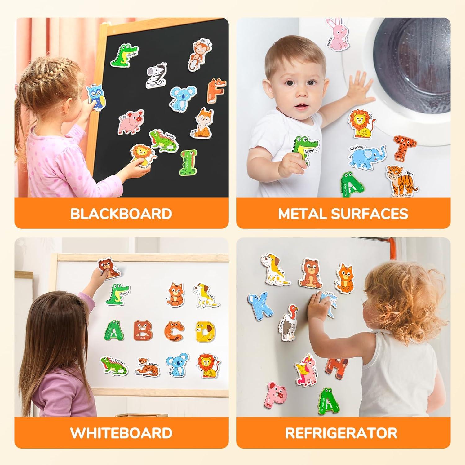 JoyCat Wooden Thick Alphabet Magnets for Toddlers Fridge Large Size Cute Animal Colorful ABC Magnetic Letters 26 Uppercase Letters 0-9 Numbers Toy Set for Kids Toddlers Preschool Learning Spelling(Letters+Animals)