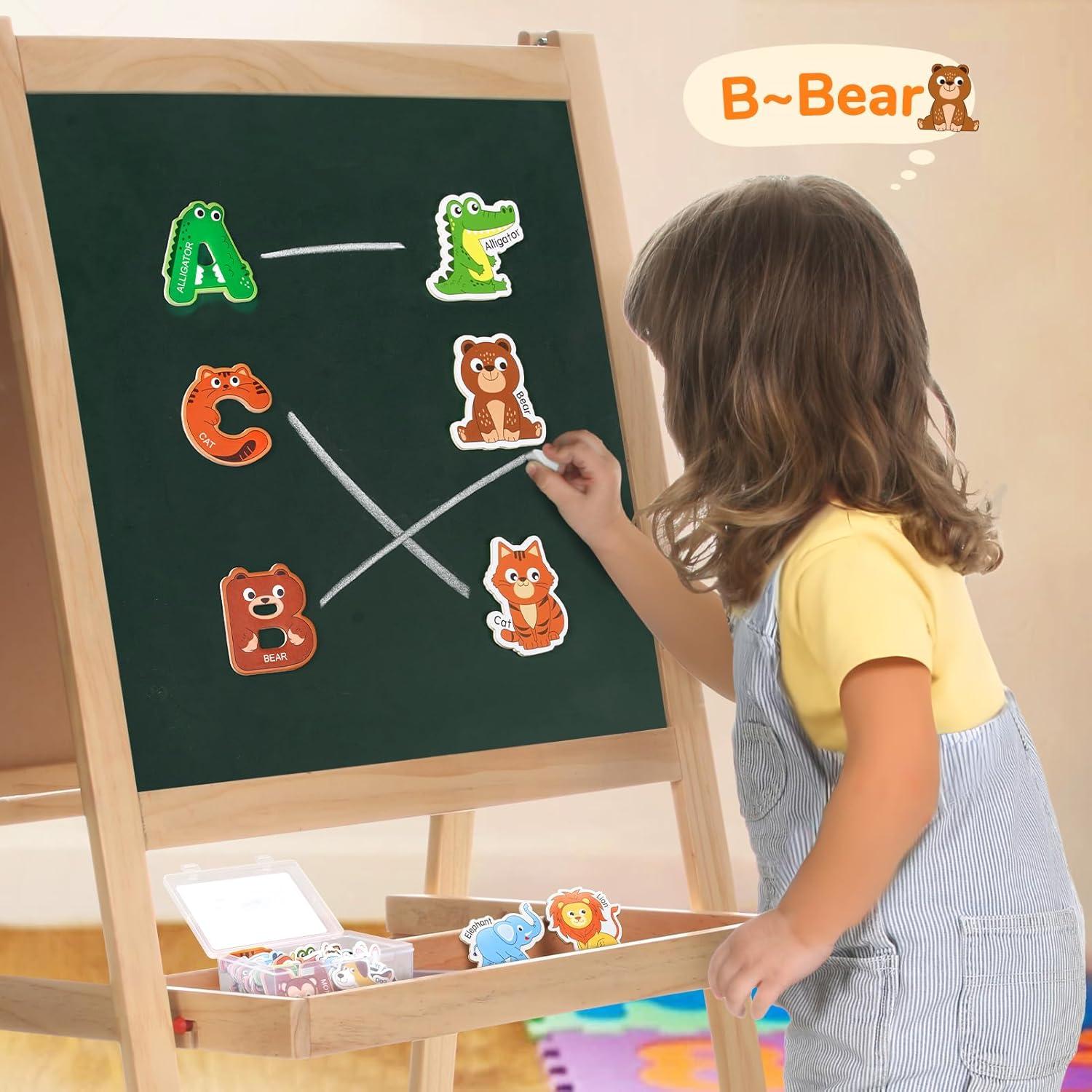 JoyCat Wooden Thick Alphabet Magnets for Toddlers Fridge Large Size Cute Animal Colorful ABC Magnetic Letters 26 Uppercase Letters 0-9 Numbers Toy Set for Kids Toddlers Preschool Learning Spelling(Letters+Animals)