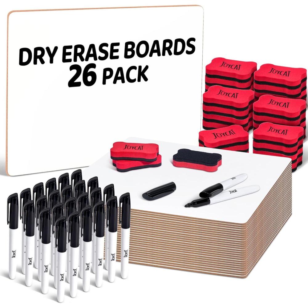 JoyCat Small Dry Erase Lap Boards for Students, 26 Pack 9″X12″ Double-Sided Mini WhiteBoard Classroom Set with 32 Pens and 32 Erasers, Bulk Packs of White Board for Teachers and School