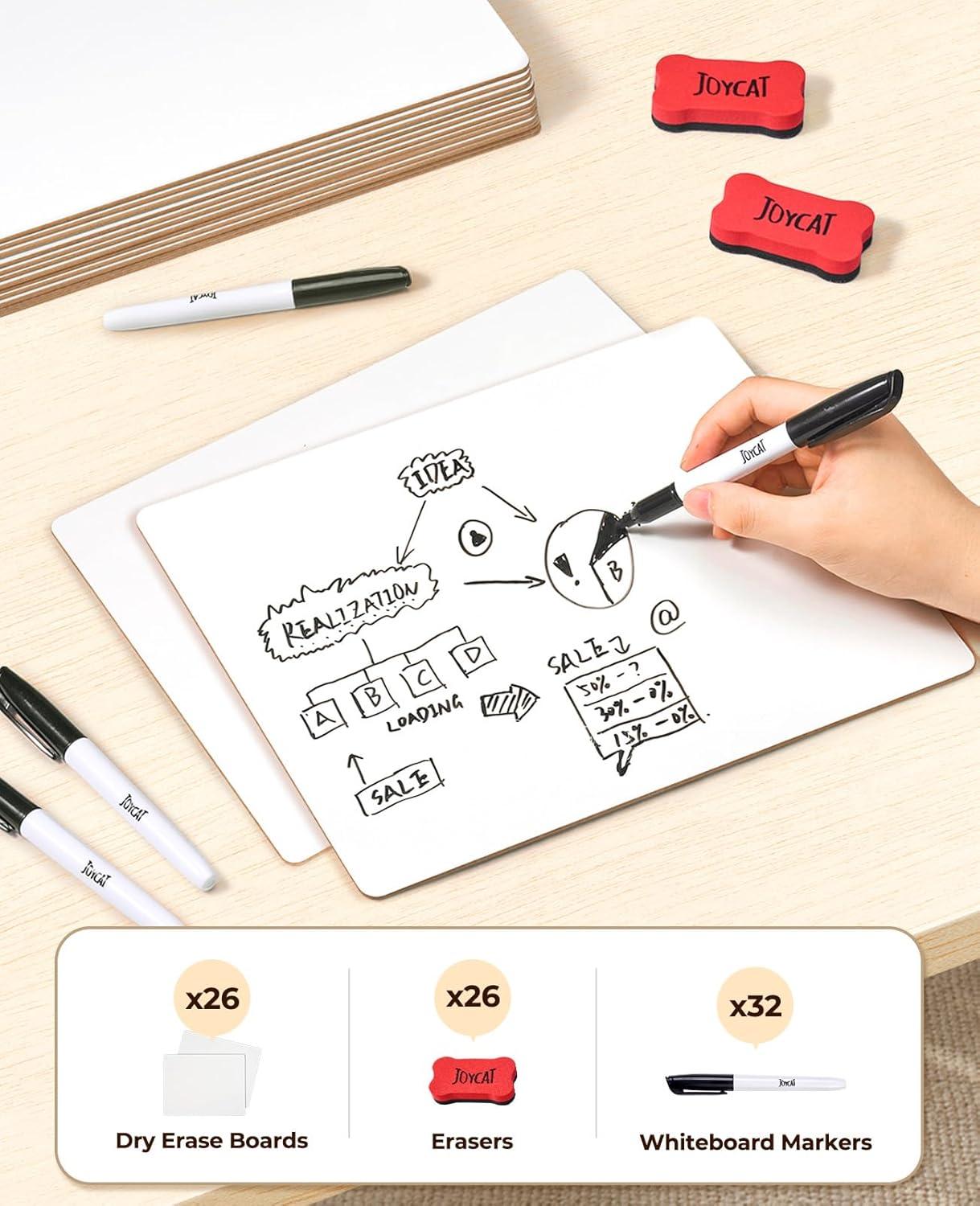 JoyCat Small Dry Erase Lap Boards for Students, 26 Pack 9″X12″ Double-Sided Mini WhiteBoard Classroom Set with 32 Pens and 32 Erasers, Bulk Packs of White Board for Teachers and School