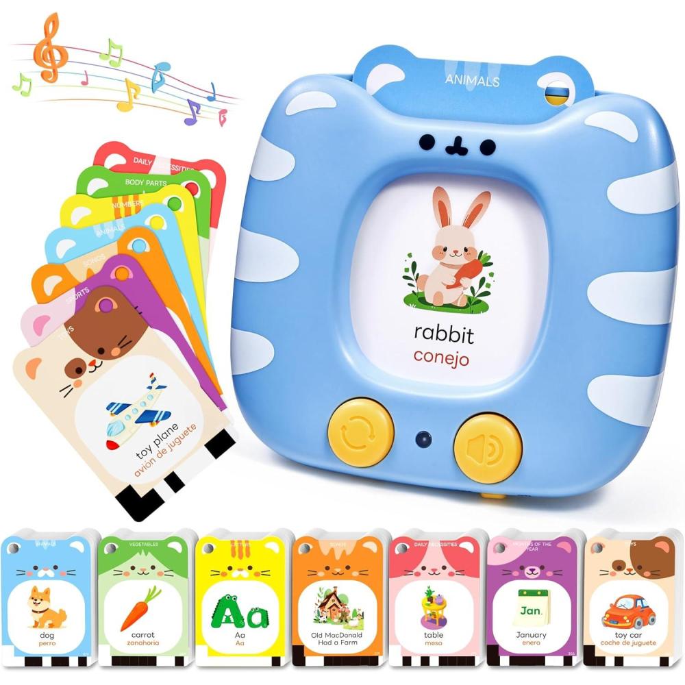 JoyCat Talking Flash Cards for Toddlers 3-5, 314 Words with Durable Thick Cards & Clear Audio, Easy to Slide in and Out, Speech Therapy Toys, Birthday Gifts for Boys Girls(454 Words Bilingual-Blue)