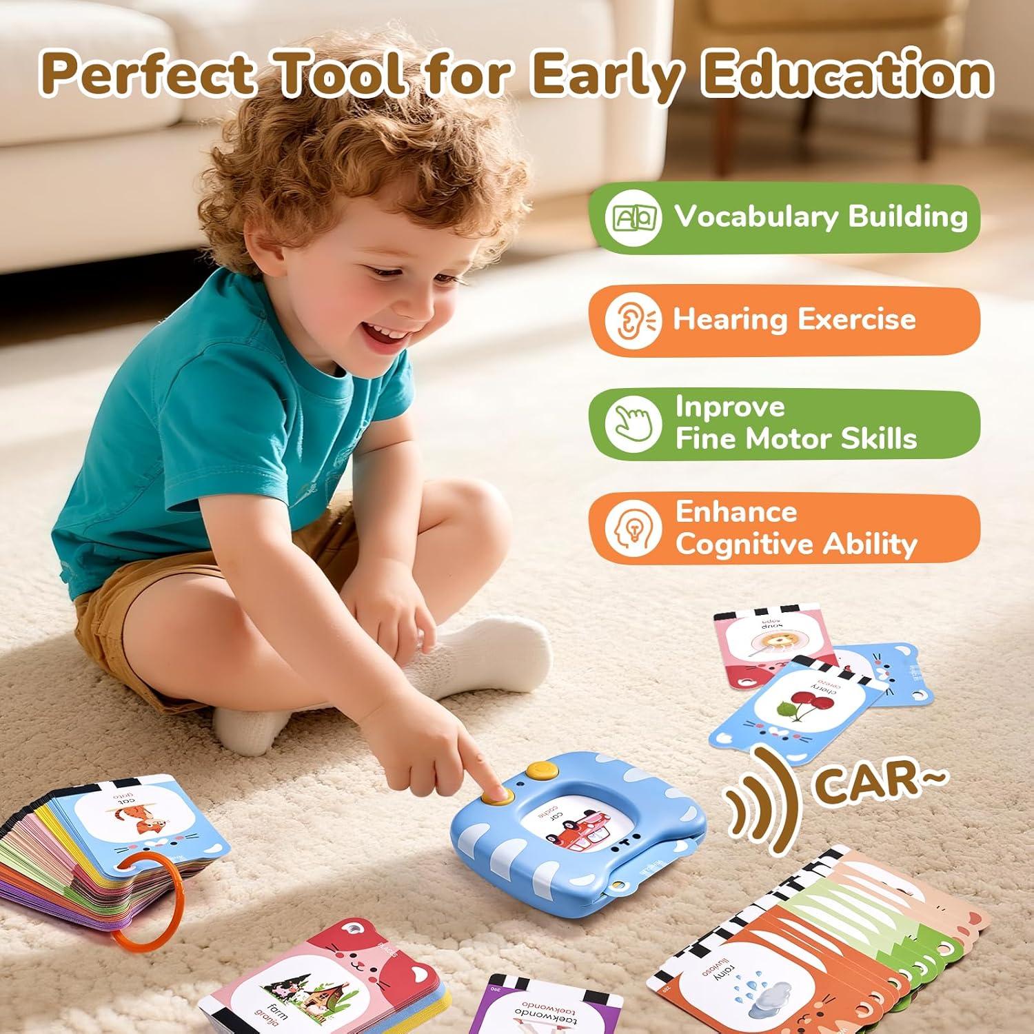JoyCat Talking Flash Cards for Toddlers 3-5, 314 Words with Durable Thick Cards & Clear Audio, Easy to Slide in and Out, Speech Therapy Toys, Birthday Gifts for Boys Girls(454 Words Bilingual-Blue)