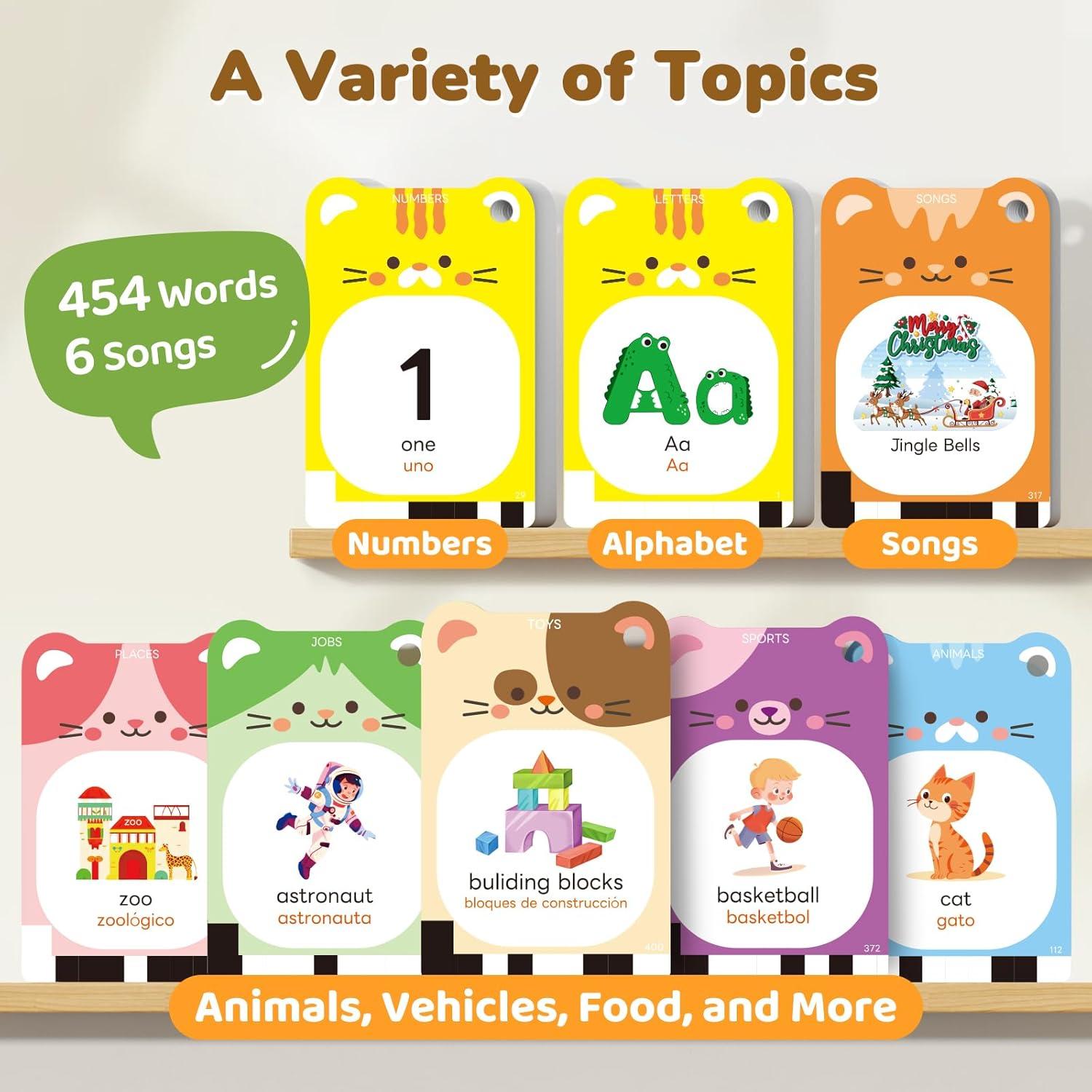 JoyCat Talking Flash Cards for Toddlers 3-5, 314 Words with Durable Thick Cards & Clear Audio, Easy to Slide in and Out, Speech Therapy Toys, Birthday Gifts for Boys Girls(454 Words Bilingual-Blue)