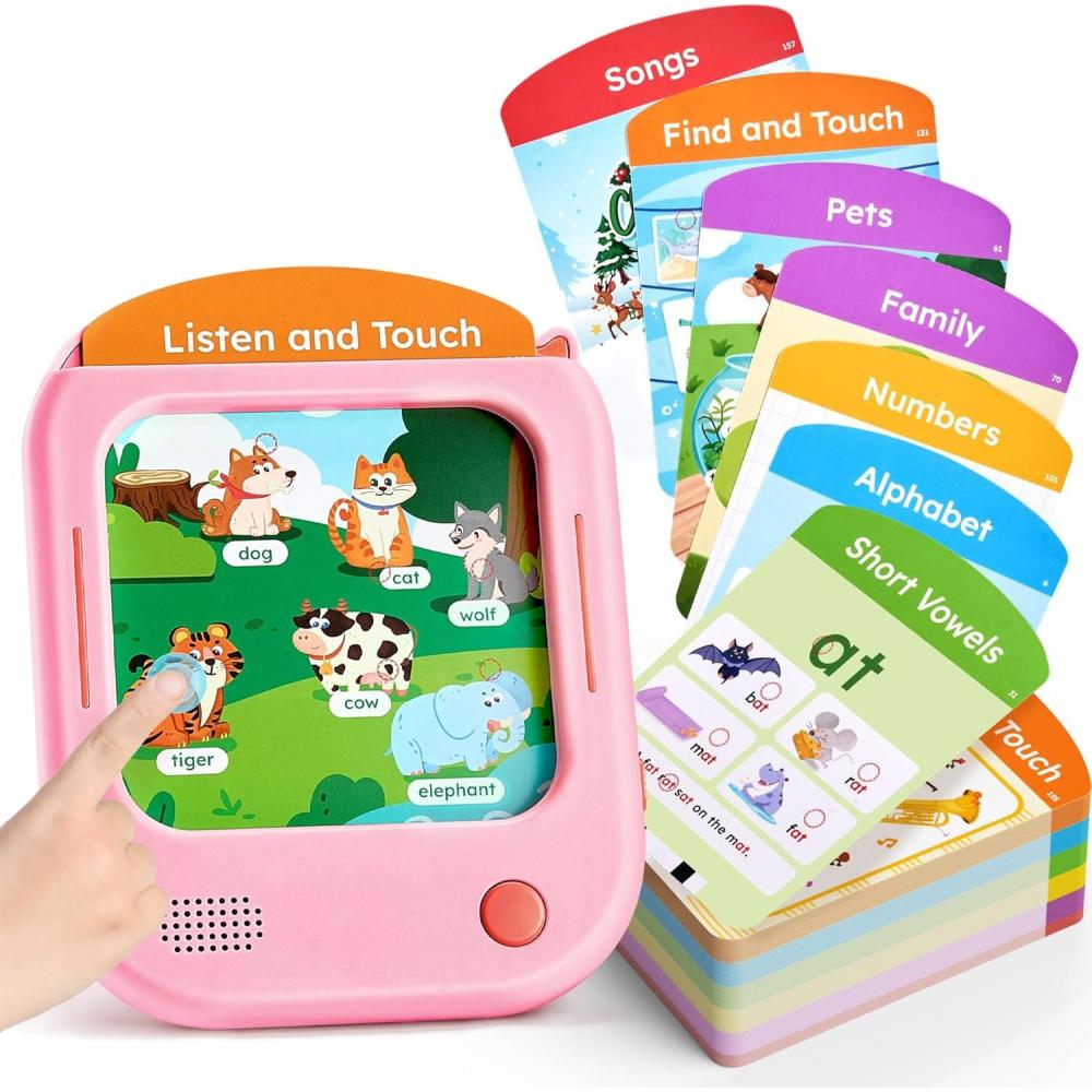 JoyCat Kids Learning Tablet: 156 Pages Tap-to-Read Flash Cards with 20 Listen & Find Games, Montessori Toy for Alphabet, Phonics, Words, Simple Math, Colors, Shapes & Songs – Autism Gifts (Ages 2-6)(Pink-English)