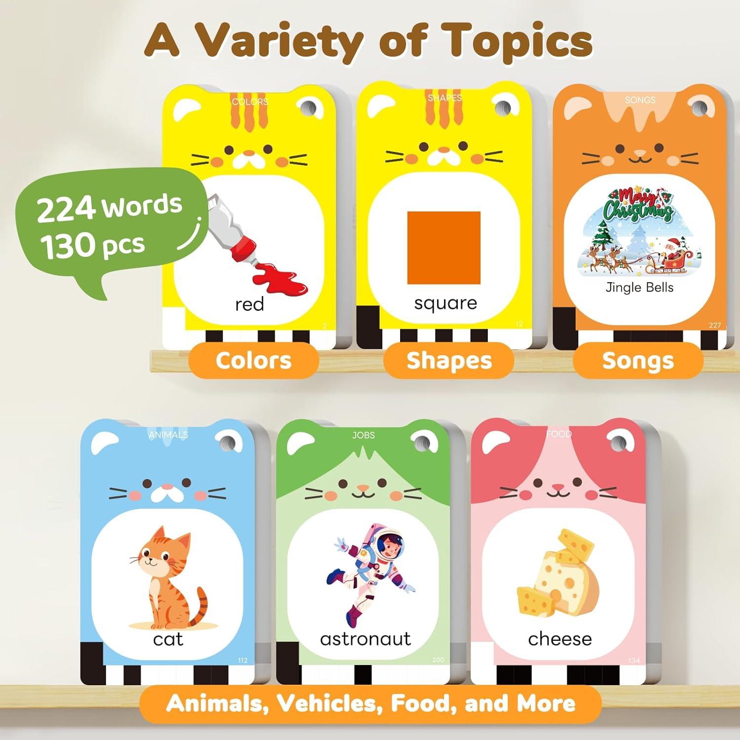 JoyCat Talking Flash Cards for Toddlers 1-5 Clear Voice & Thick Cards & Easy to Slide in and Out, Independent Play & Speech Development Toys, 16 Topics Cards, Medium