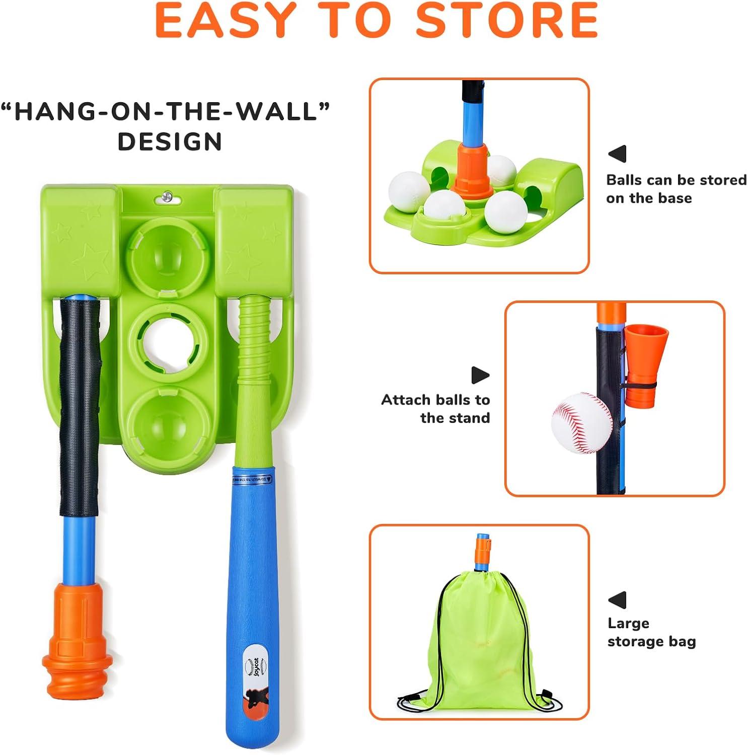 JoyCat 3-in-1 T Ball Set for Kids 3-5,Toddler Baseball Set-T Ball Stand,Hanging Tee,Auto Launcher,6 Balls-Adjustable Height Sports&Outdoor/Indoor Toys for 3 4 5 6 7 8 Year Old Boy Girl Birthday Gift