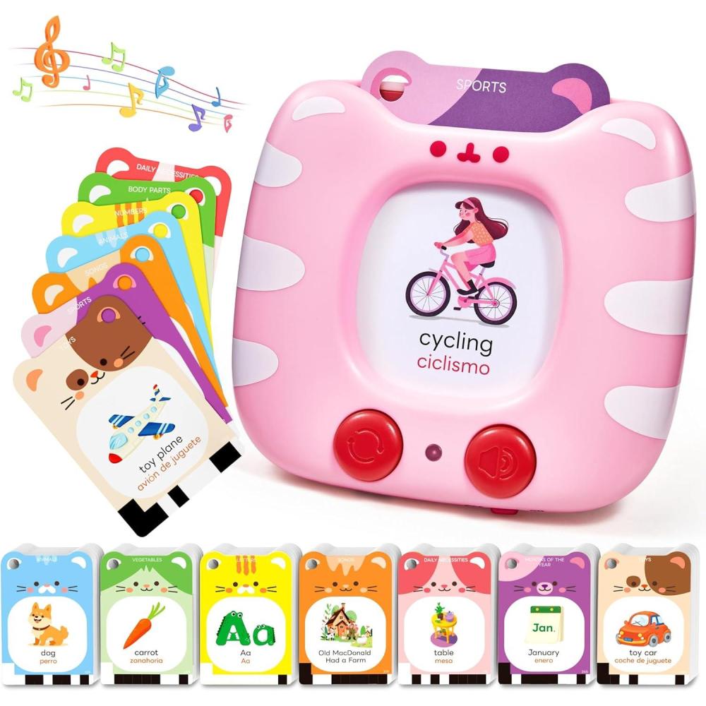 JoyCat Talking Flash Cards for Toddlers 3-5, 314 Words with Durable Thick Cards & Clear Audio, Easy to Slide in and Out, Speech Therapy Toys, Birthday Gifts for Boys Girls(454 Words Bilingual-Pink)
