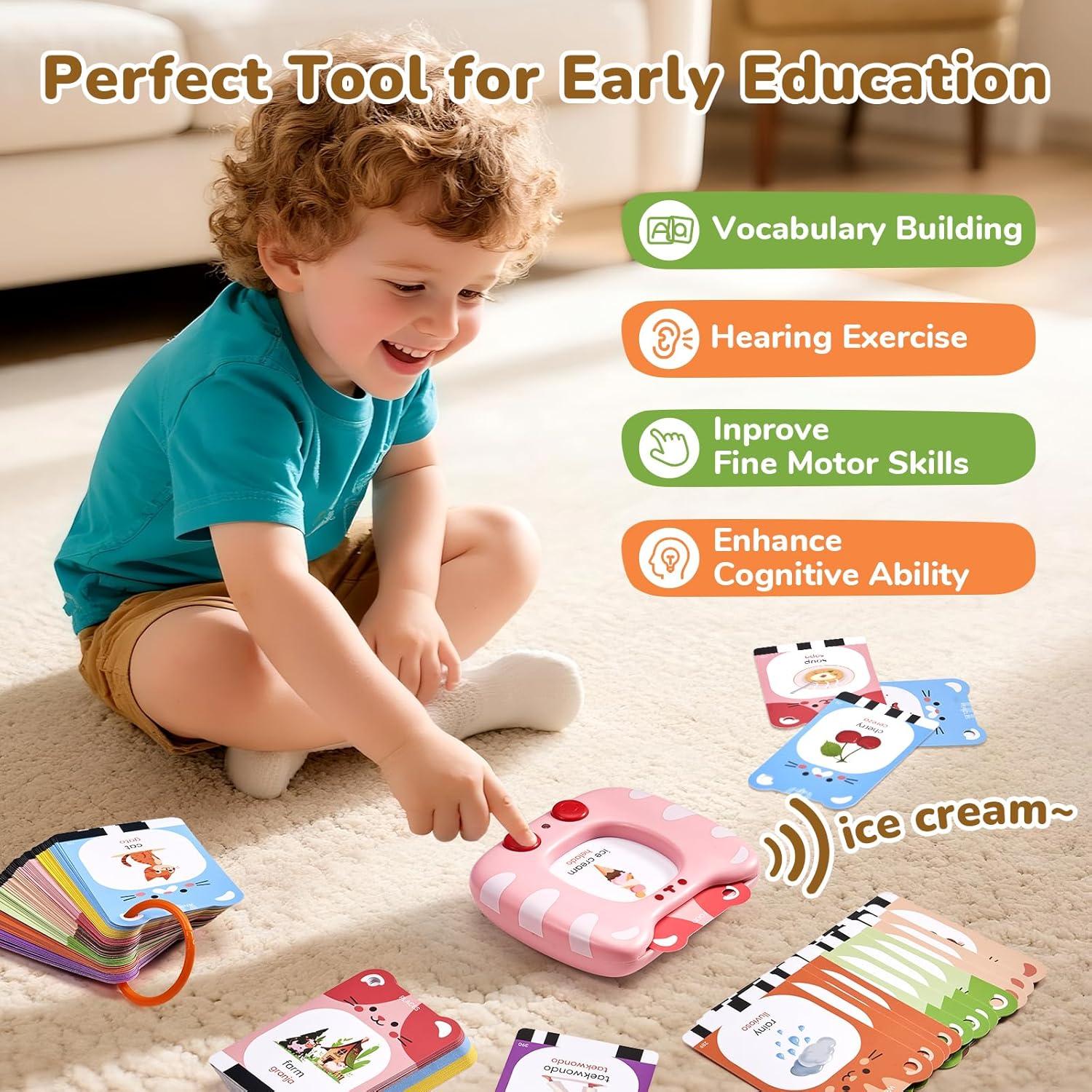JoyCat Talking Flash Cards for Toddlers 3-5, 314 Words with Durable Thick Cards & Clear Audio, Easy to Slide in and Out, Speech Therapy Toys, Birthday Gifts for Boys Girls(454 Words Bilingual-Pink)