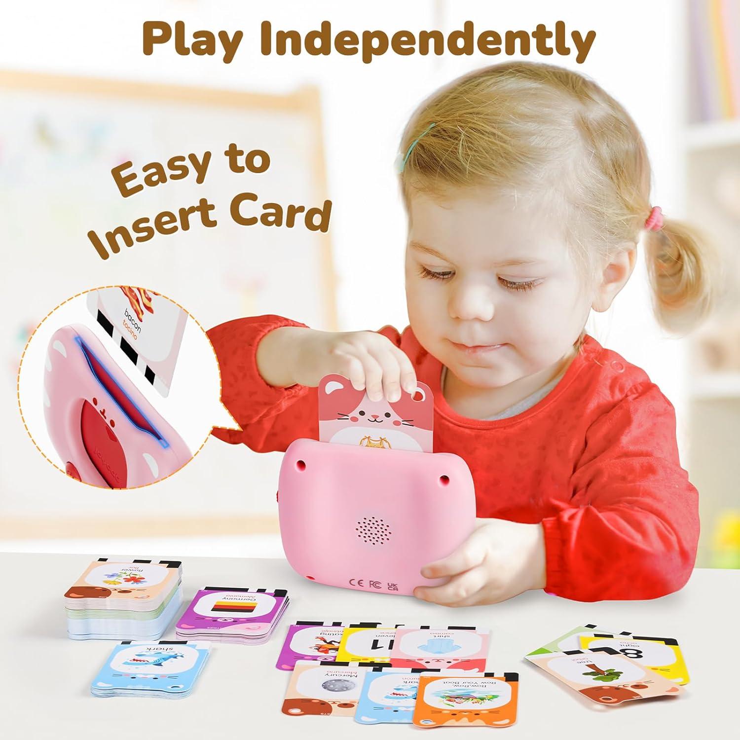 JoyCat Talking Flash Cards for Toddlers 3-5, 314 Words with Durable Thick Cards & Clear Audio, Easy to Slide in and Out, Speech Therapy Toys, Birthday Gifts for Boys Girls(454 Words Bilingual-Pink)