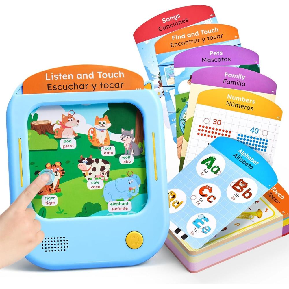 JoyCat Bilingual Kids Learning Tablet, English & Spanish Talking Flash Cards with 106 Pages, 20 Interactive Games, Montessori Learning Toy for Alphabet, Words, Numbers & Songs, Gift for Toddlers 2-6(Blue-English&Spanish)