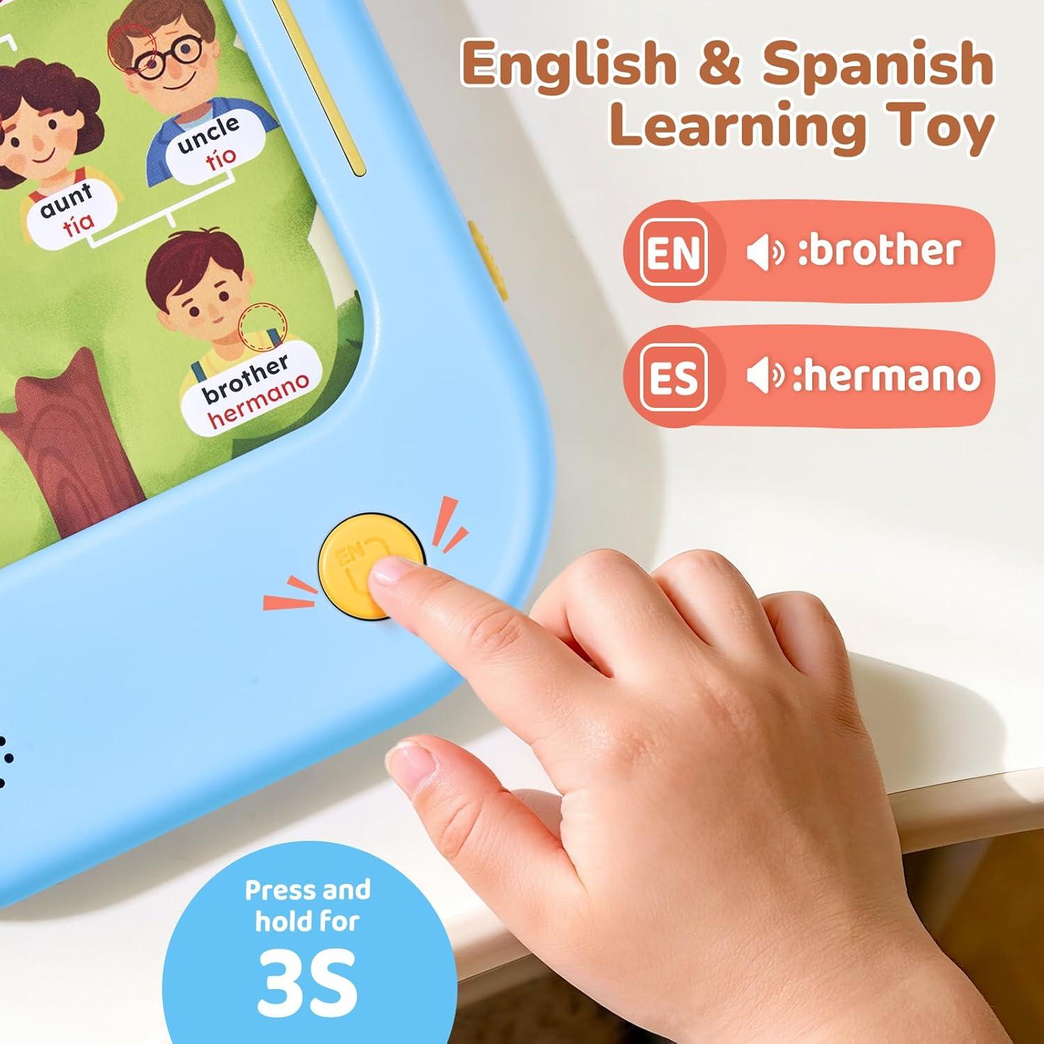 JoyCat Bilingual Kids Learning Tablet, English & Spanish Talking Flash Cards with 106 Pages, 20 Interactive Games, Montessori Learning Toy for Alphabet, Words, Numbers & Songs, Gift for Toddlers 2-6(Blue-English&Spanish)