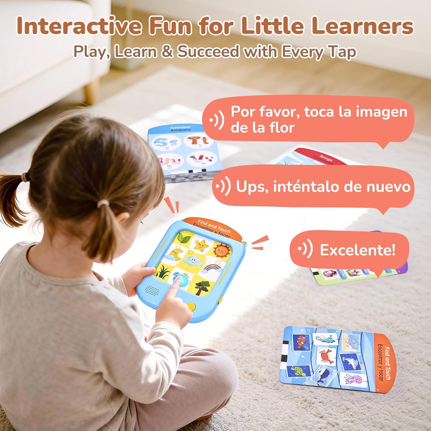JoyCat Bilingual Kids Learning Tablet, English & Spanish Talking Flash Cards with 106 Pages, 20 Interactive Games, Montessori Learning Toy for Alphabet, Words, Numbers & Songs, Gift for Toddlers 2-6(Blue-English&Spanish)