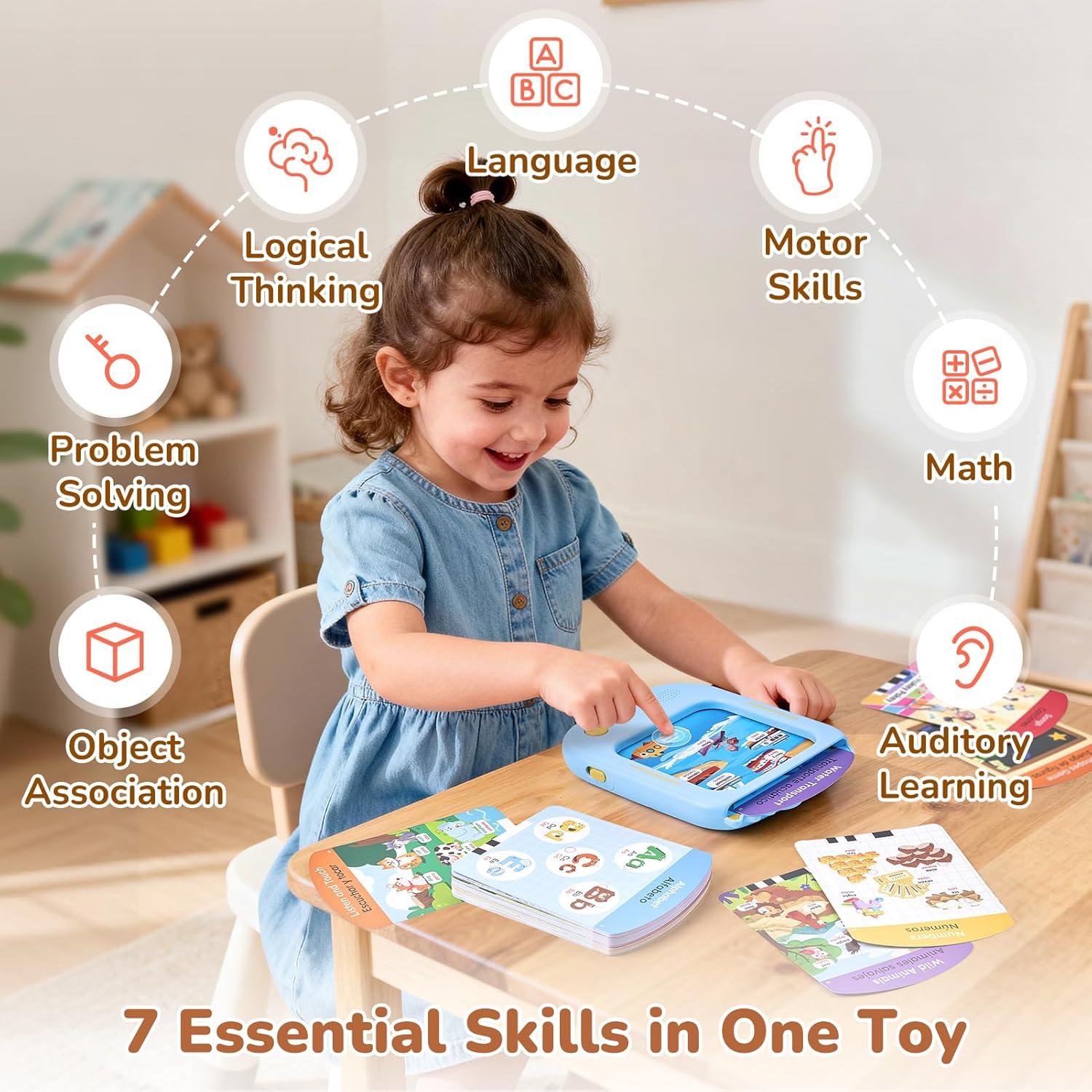 JoyCat Bilingual Kids Learning Tablet, English & Spanish Talking Flash Cards with 106 Pages, 20 Interactive Games, Montessori Learning Toy for Alphabet, Words, Numbers & Songs, Gift for Toddlers 2-6(Blue-English&Spanish)