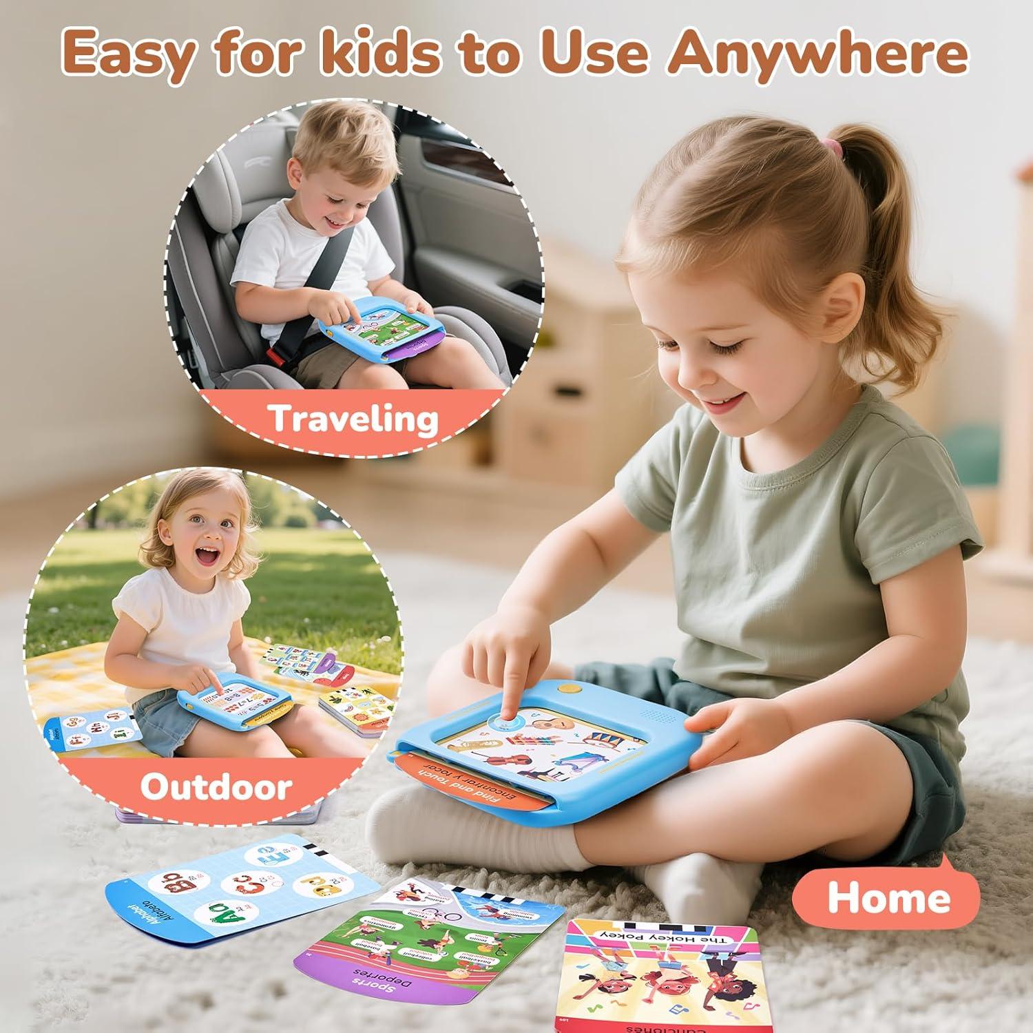 JoyCat Bilingual Kids Learning Tablet, English & Spanish Talking Flash Cards with 106 Pages, 20 Interactive Games, Montessori Learning Toy for Alphabet, Words, Numbers & Songs, Gift for Toddlers 2-6(Blue-English&Spanish)