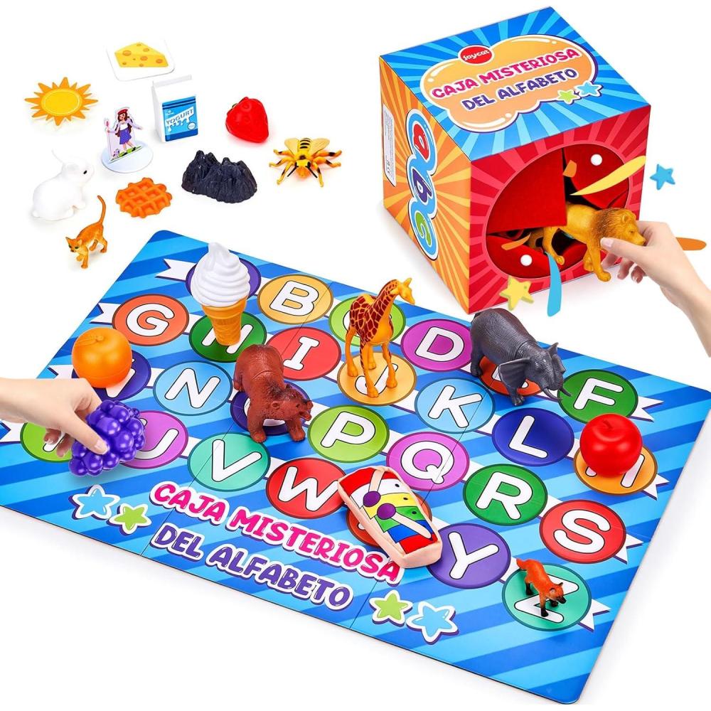 JoyCat Mystery Alphabet Box for Kids 52 PCS Letters Sorting Matching Game Activities Letter Sounds Fine Motor Learning Toys for Preschool Kindergarten Classroom – Easter Basket Stuffers Gifts for Kids(27PCS Spanish Mystery Box)