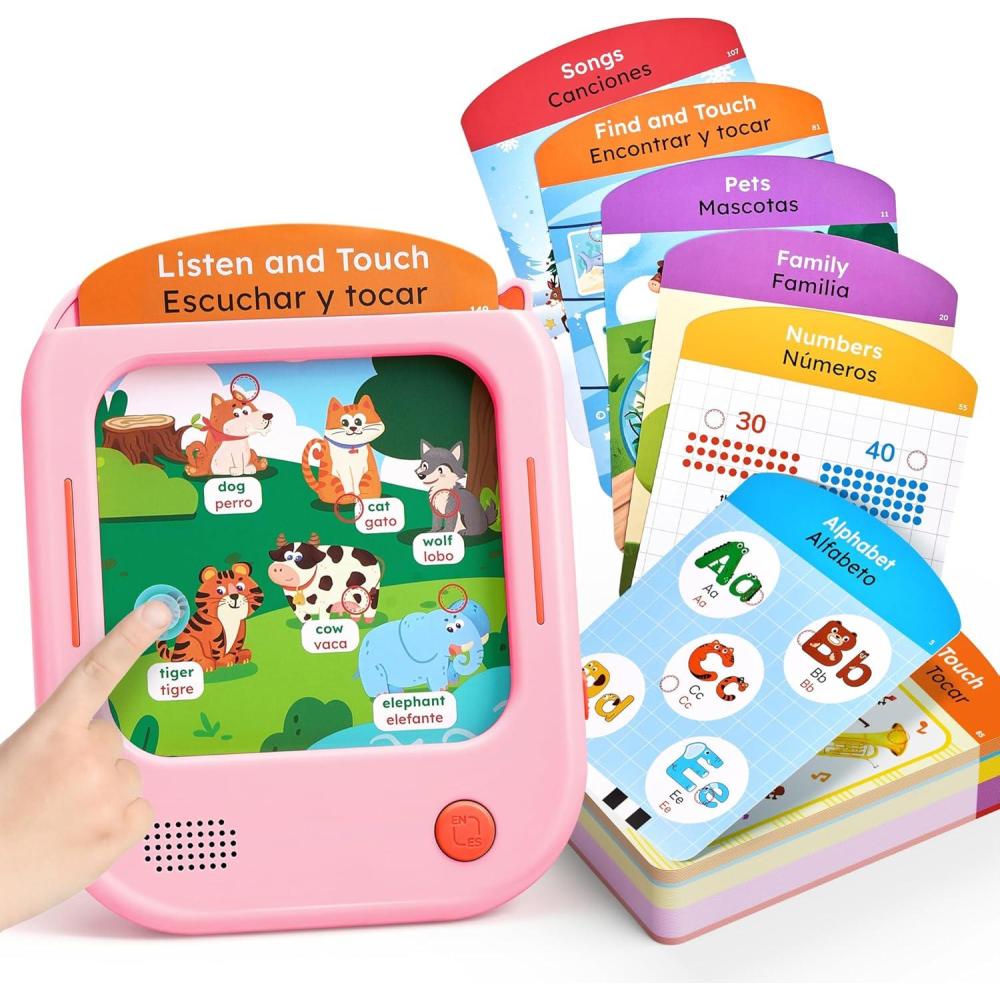 JoyCat Bilingual Kids Learning Tablet, English & Spanish Talking Flash Cards with 106 Pages, 20 Interactive Games, Montessori Learning Toy for Alphabet, Words, Numbers & Songs, Gift for Toddlers 2-6(Pink-English&Spanish)