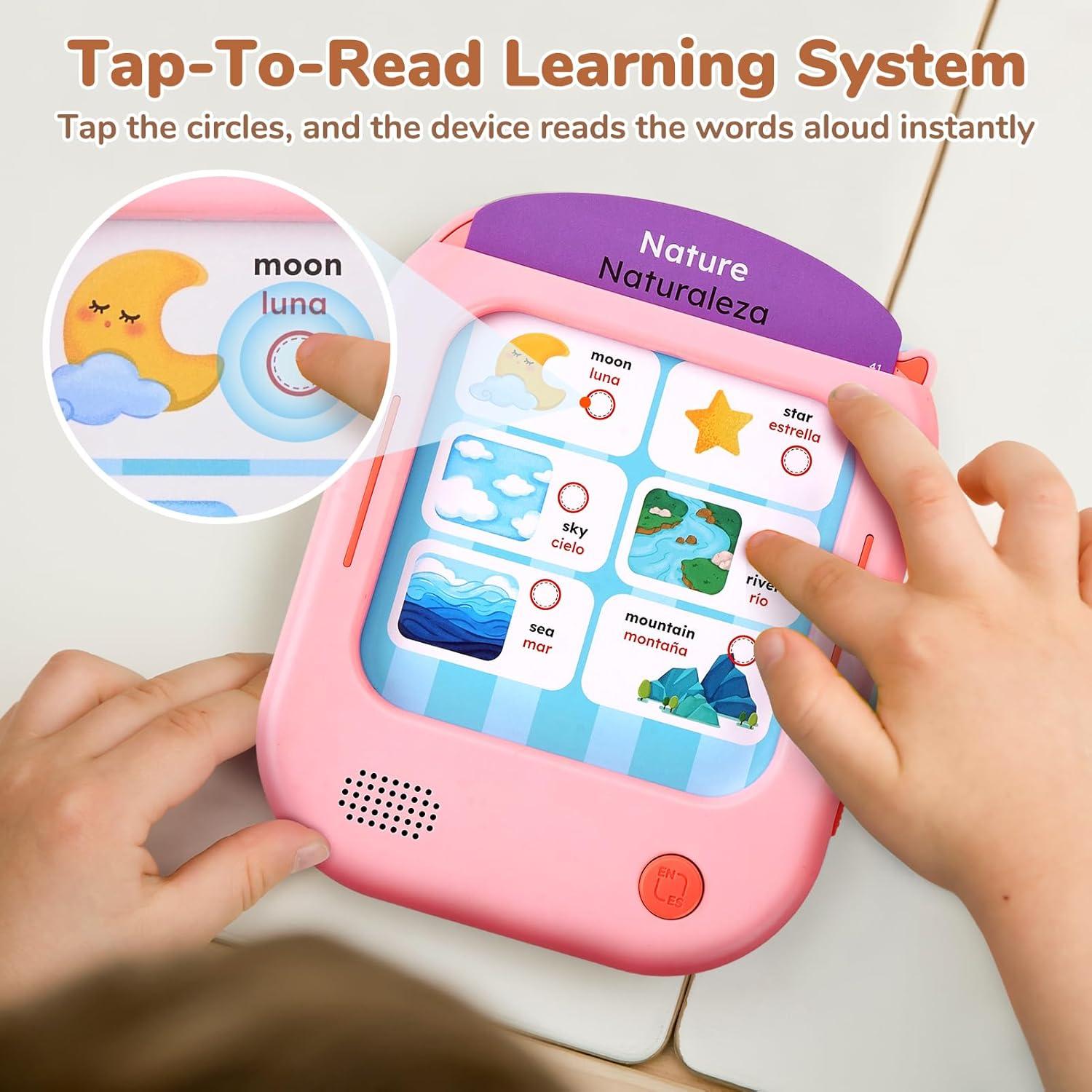 JoyCat Bilingual Kids Learning Tablet, English & Spanish Talking Flash Cards with 106 Pages, 20 Interactive Games, Montessori Learning Toy for Alphabet, Words, Numbers & Songs, Gift for Toddlers 2-6(Pink-English&Spanish)