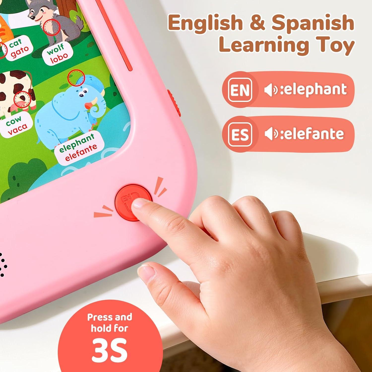JoyCat Bilingual Kids Learning Tablet, English & Spanish Talking Flash Cards with 106 Pages, 20 Interactive Games, Montessori Learning Toy for Alphabet, Words, Numbers & Songs, Gift for Toddlers 2-6(Pink-English&Spanish)