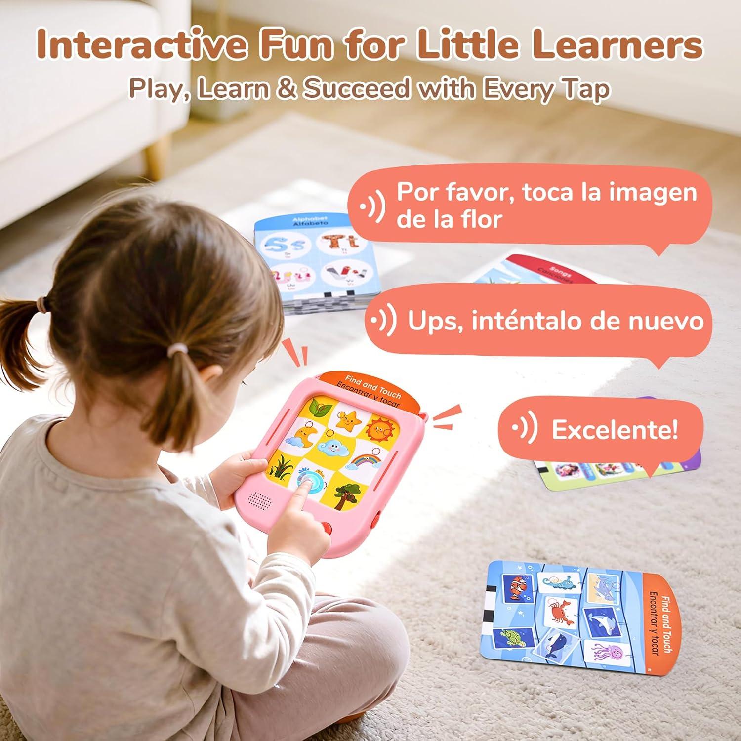 JoyCat Bilingual Kids Learning Tablet, English & Spanish Talking Flash Cards with 106 Pages, 20 Interactive Games, Montessori Learning Toy for Alphabet, Words, Numbers & Songs, Gift for Toddlers 2-6(Pink-English&Spanish)