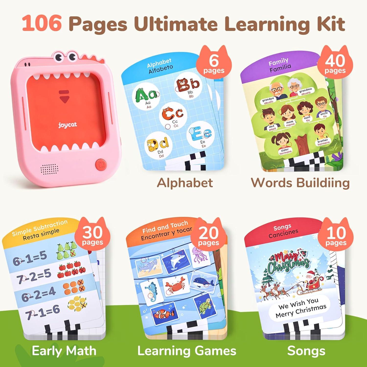 JoyCat Bilingual Kids Learning Tablet, English & Spanish Talking Flash Cards with 106 Pages, 20 Interactive Games, Montessori Learning Toy for Alphabet, Words, Numbers & Songs, Gift for Toddlers 2-6(Pink-English&Spanish)