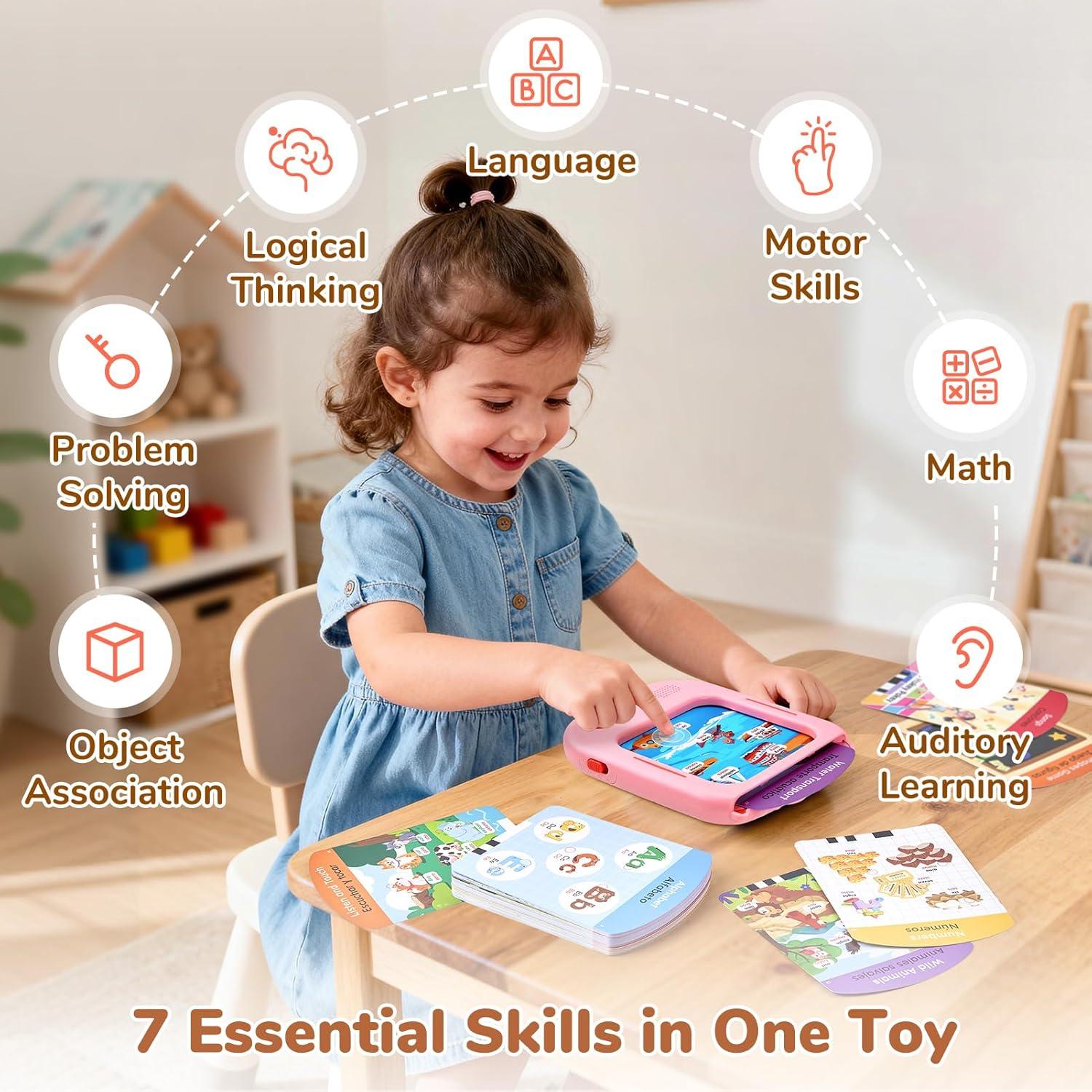 JoyCat Bilingual Kids Learning Tablet, English & Spanish Talking Flash Cards with 106 Pages, 20 Interactive Games, Montessori Learning Toy for Alphabet, Words, Numbers & Songs, Gift for Toddlers 2-6(Pink-English&Spanish)