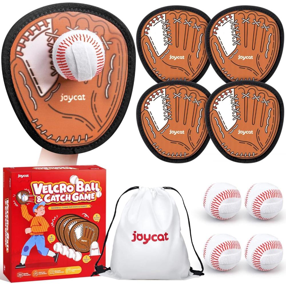 JoyCat Toss and Catch Ball Game for Kids,2 Paddles Outdoor Toys for Family Camping, Beach&Yard Games,Toddler Baseball Glove&Sticky Ball Set,Easter Basket Stuffers Birthday Gift for Boys Girls Age 3-12(4 Paddles 4 Balls(Brown))