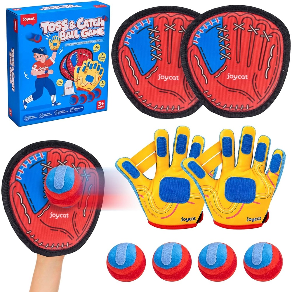 JoyCat Toss and Catch Ball Game with 4 Adjustable Gloves, 4 Soft Sticky Balls & Carry Bag, Toddler Baseball Glove Set, Outdoor Toys for Kids Ages 3-12, Family Backyard Beach Camping Games Gift(2 Gloves 2 Paddles Set)