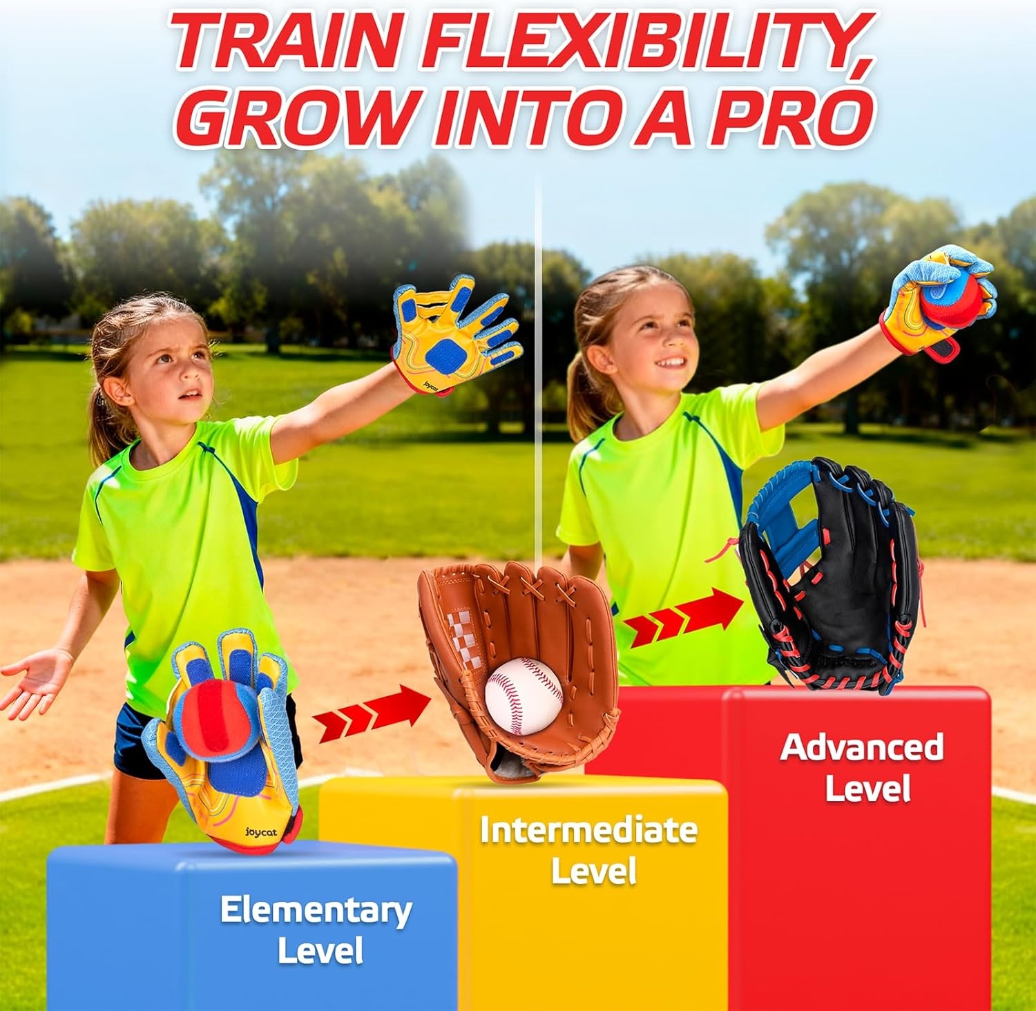 JoyCat Toss and Catch Ball Game with 4 Adjustable Gloves, 4 Soft Sticky Balls & Carry Bag, Toddler Baseball Glove Set, Outdoor Toys for Kids Ages 3-12, Family Backyard Beach Camping Games Gift(2 Gloves 2 Paddles Set)
