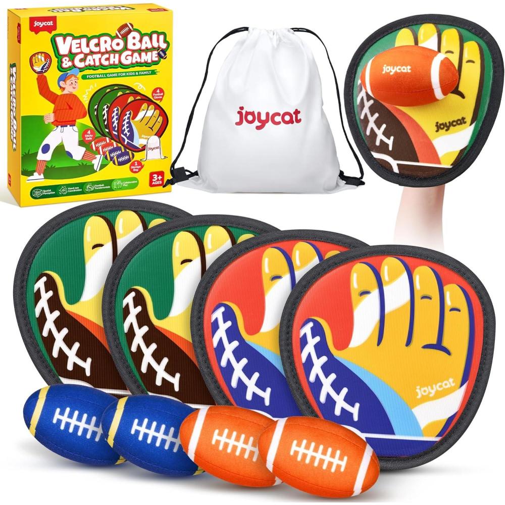 JoyCat Toss and Catch Ball Game for Kids,2 Paddles Outdoor Toys for Family Camping, Beach&Yard Games,Toddler Baseball Glove&Sticky Ball Set,Easter Basket Stuffers Birthday Gift for Boys Girls Age 3-12(4 Paddles 4 Balls(Football))
