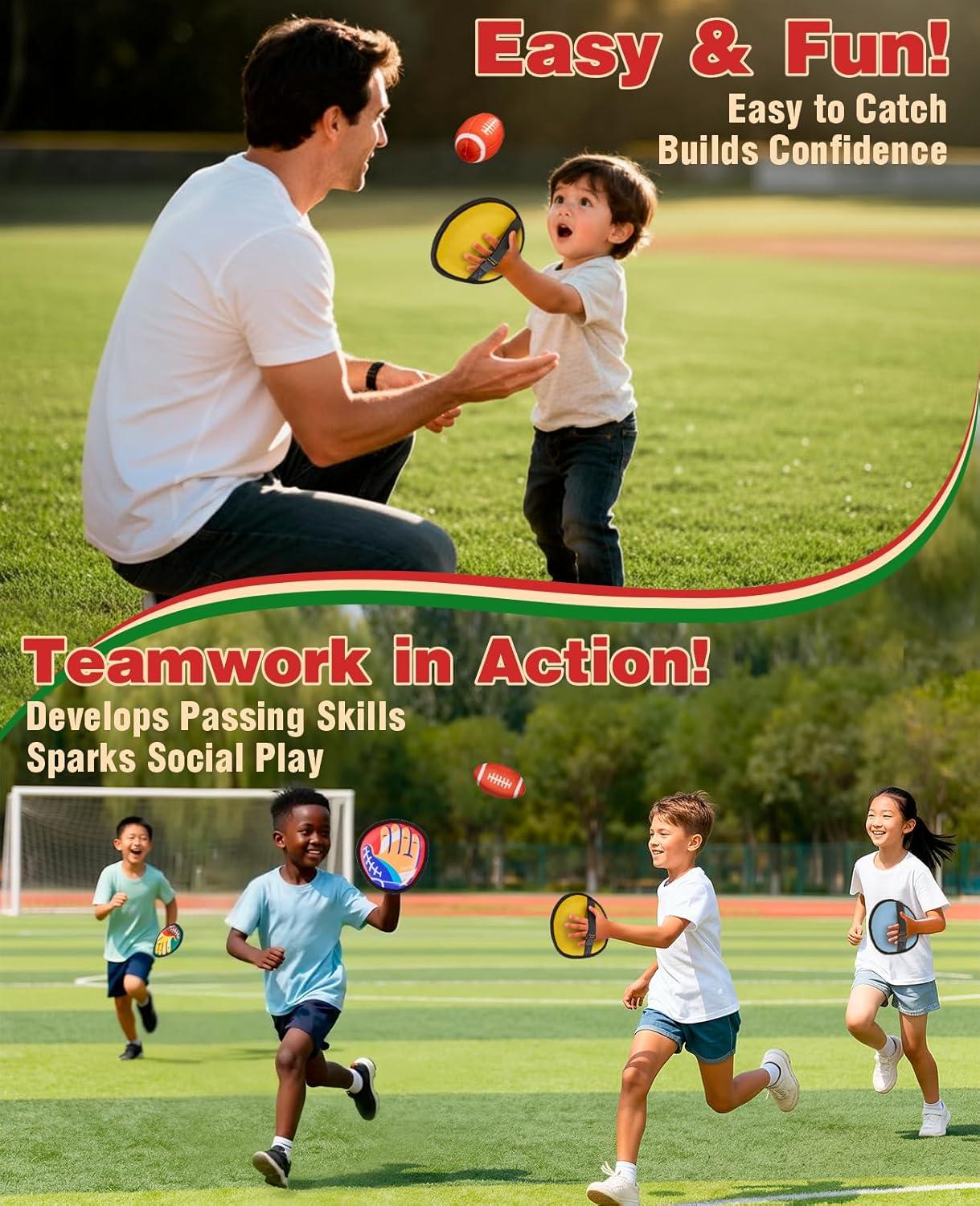 JoyCat Toss and Catch Ball Game for Kids,2 Paddles Outdoor Toys for Family Camping, Beach&Yard Games,Toddler Baseball Glove&Sticky Ball Set,Easter Basket Stuffers Birthday Gift for Boys Girls Age 3-12(4 Paddles 4 Balls(Football))
