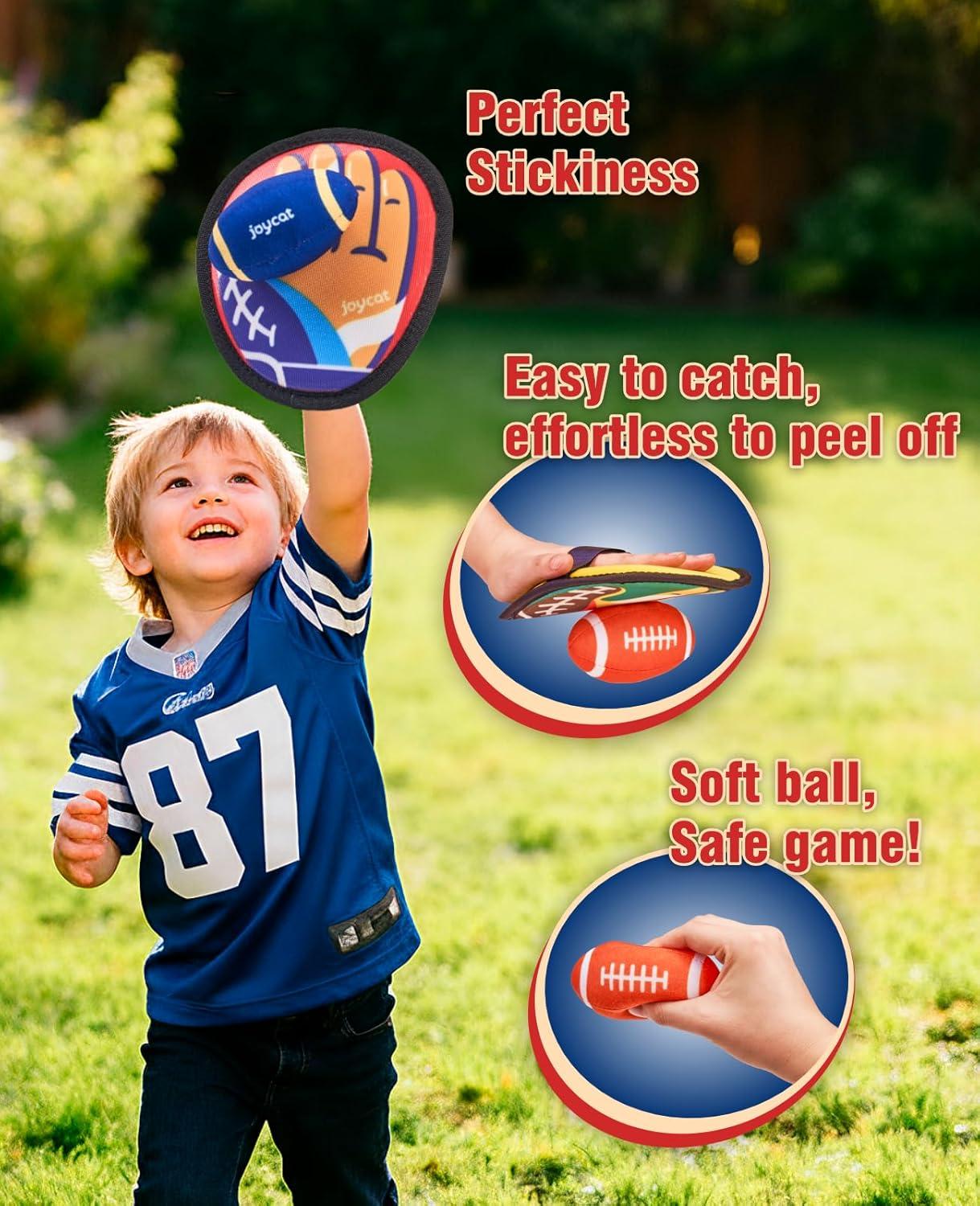 JoyCat Toss and Catch Ball Game for Kids,2 Paddles Outdoor Toys for Family Camping, Beach&Yard Games,Toddler Baseball Glove&Sticky Ball Set,Easter Basket Stuffers Birthday Gift for Boys Girls Age 3-12(4 Paddles 4 Balls(Football))