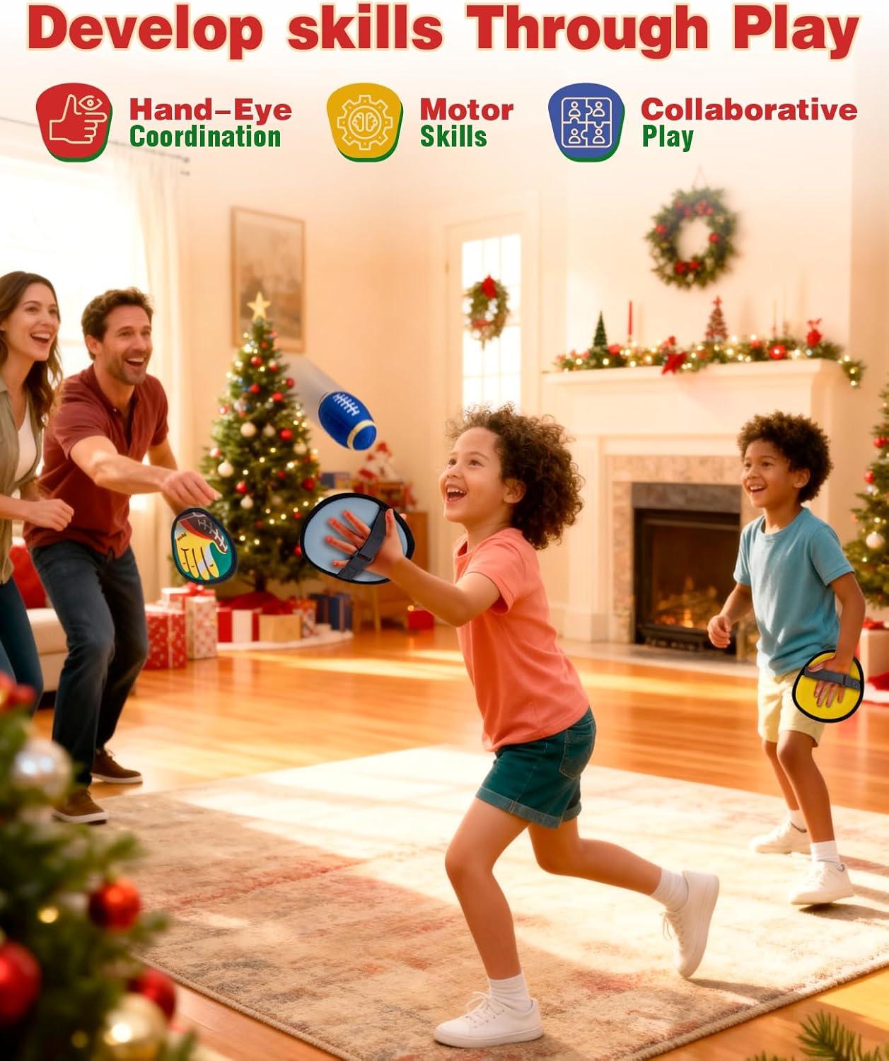 JoyCat Toss and Catch Ball Game for Kids,2 Paddles Outdoor Toys for Family Camping, Beach&Yard Games,Toddler Baseball Glove&Sticky Ball Set,Easter Basket Stuffers Birthday Gift for Boys Girls Age 3-12(4 Paddles 4 Balls(Football))