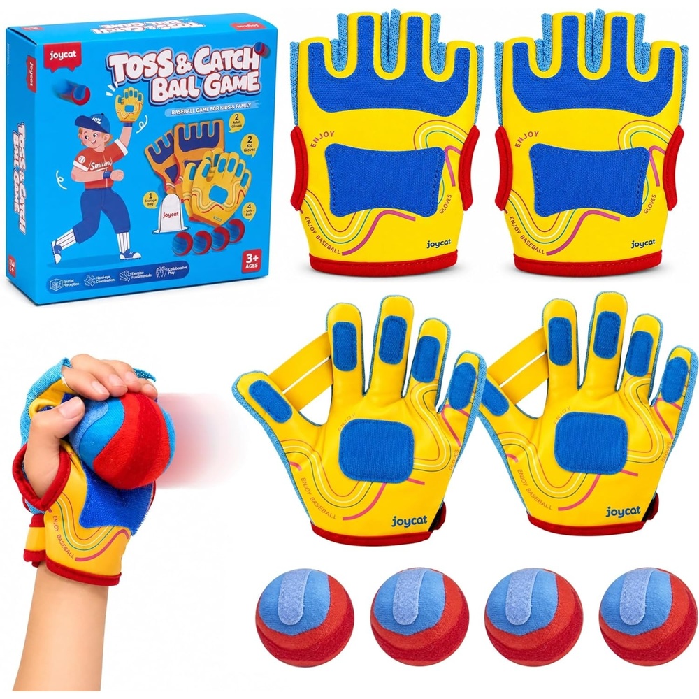 JoyCat Toss and Catch Ball Game with 4 Adjustable Gloves, 4 Soft Sticky Balls & Carry Bag, Toddler Baseball Glove Set, Outdoor Toys for Kids Ages 3-12, Family Backyard Beach Camping Games Gift(4 Gloves Set)