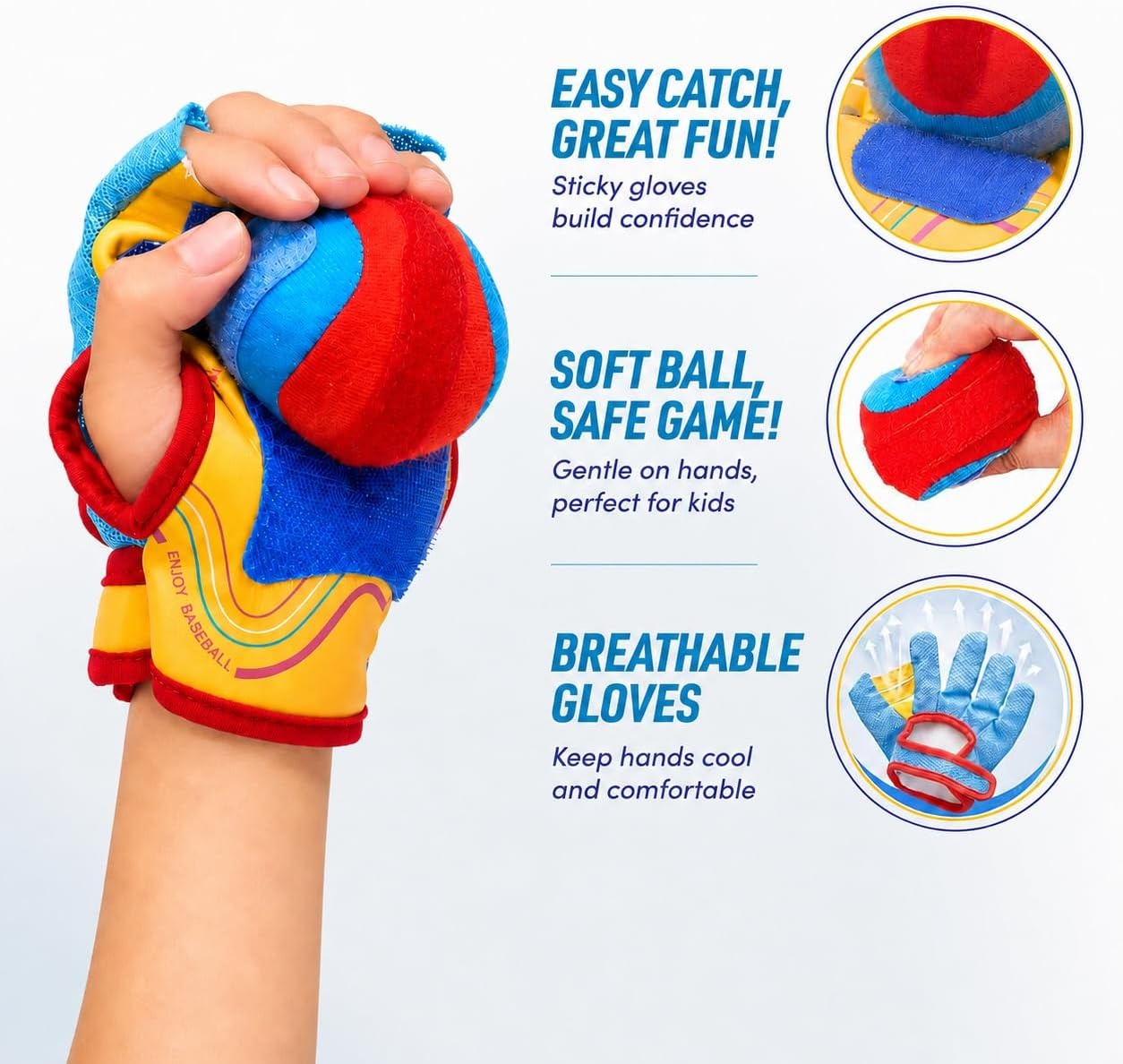 JoyCat Toss and Catch Ball Game with 4 Adjustable Gloves, 4 Soft Sticky Balls & Carry Bag, Toddler Baseball Glove Set, Outdoor Toys for Kids Ages 3-12, Family Backyard Beach Camping Games Gift(4 Gloves Set)