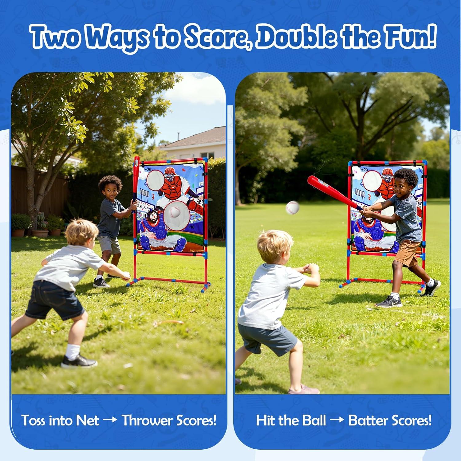 JoyCat Baseball Games for Kids,Toddler Baseball Practice Equipment with Adjustable Height Target for Throwing and Batting,Strike Zone,Tball Bat,4 Soft Balls,Easter Basket Stuffers for Boys Girls