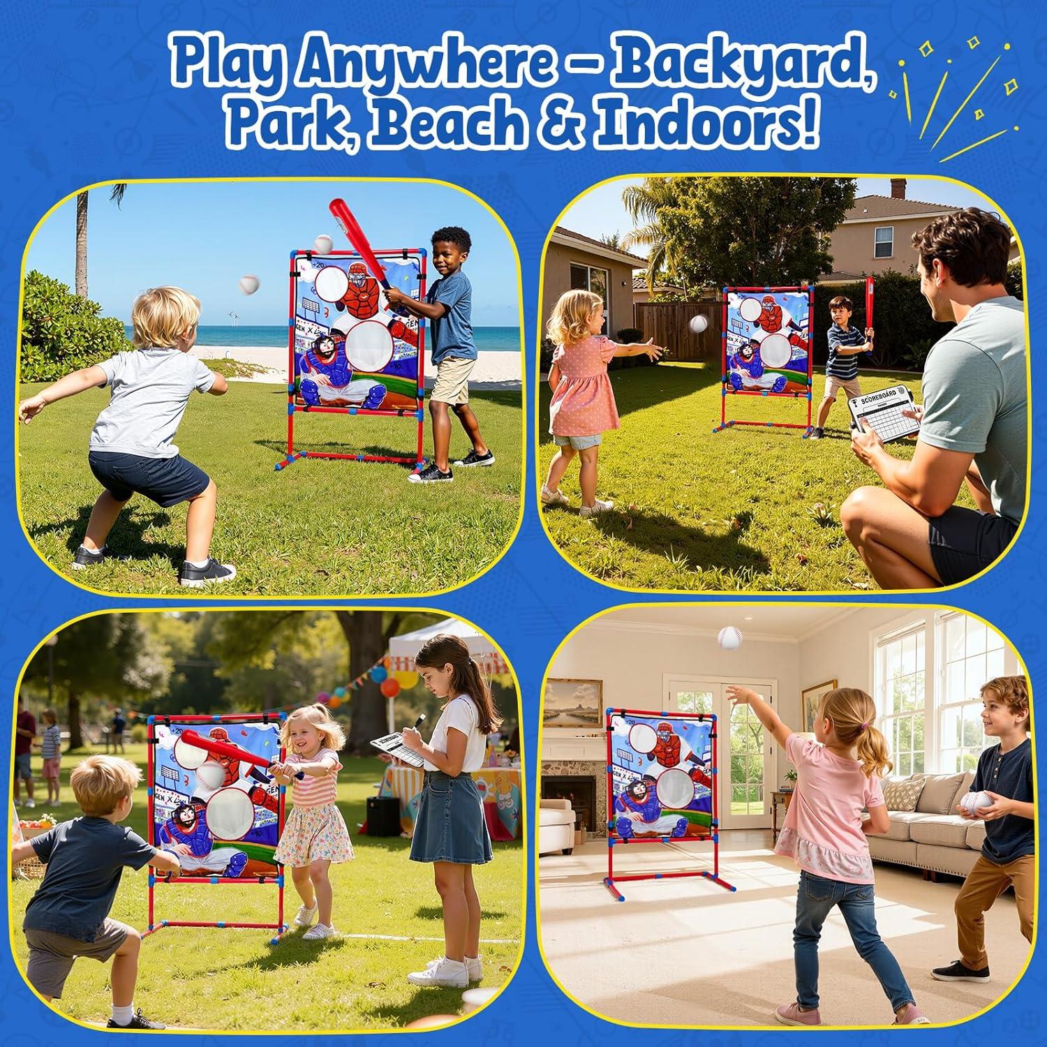 JoyCat Baseball Games for Kids,Toddler Baseball Practice Equipment with Adjustable Height Target for Throwing and Batting,Strike Zone,Tball Bat,4 Soft Balls,Easter Basket Stuffers for Boys Girls