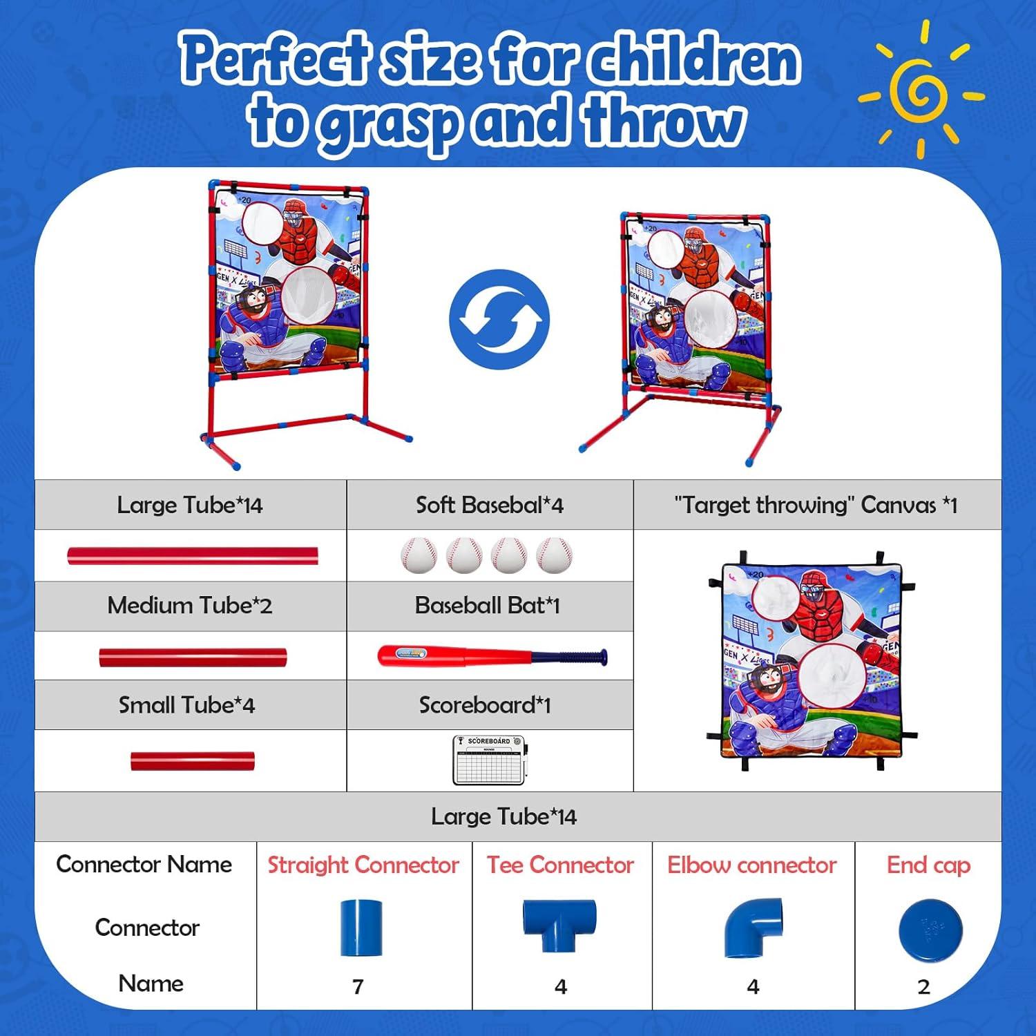 JoyCat Baseball Games for Kids,Toddler Baseball Practice Equipment with Adjustable Height Target for Throwing and Batting,Strike Zone,Tball Bat,4 Soft Balls,Easter Basket Stuffers for Boys Girls