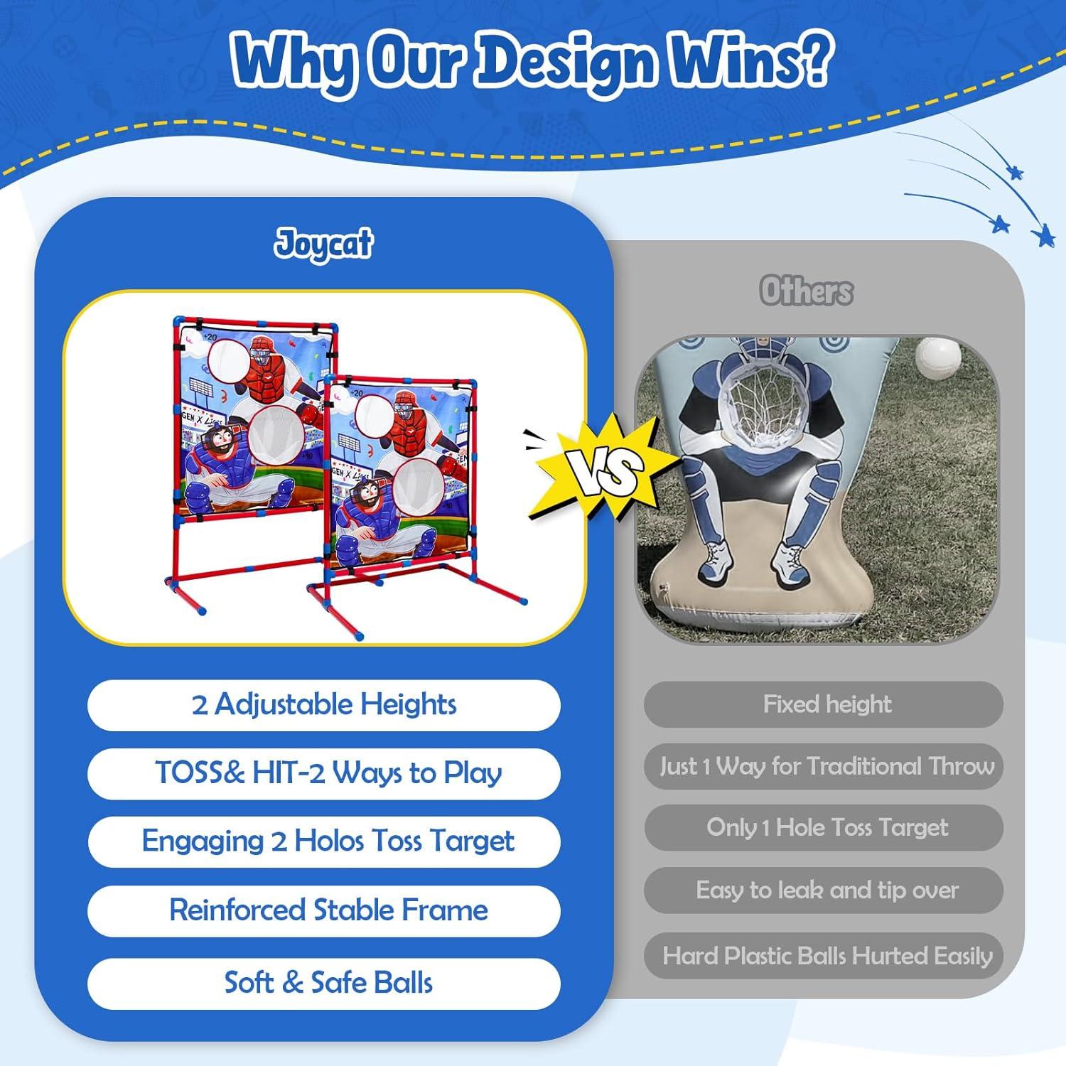 JoyCat Baseball Games for Kids,Toddler Baseball Practice Equipment with Adjustable Height Target for Throwing and Batting,Strike Zone,Tball Bat,4 Soft Balls,Easter Basket Stuffers for Boys Girls