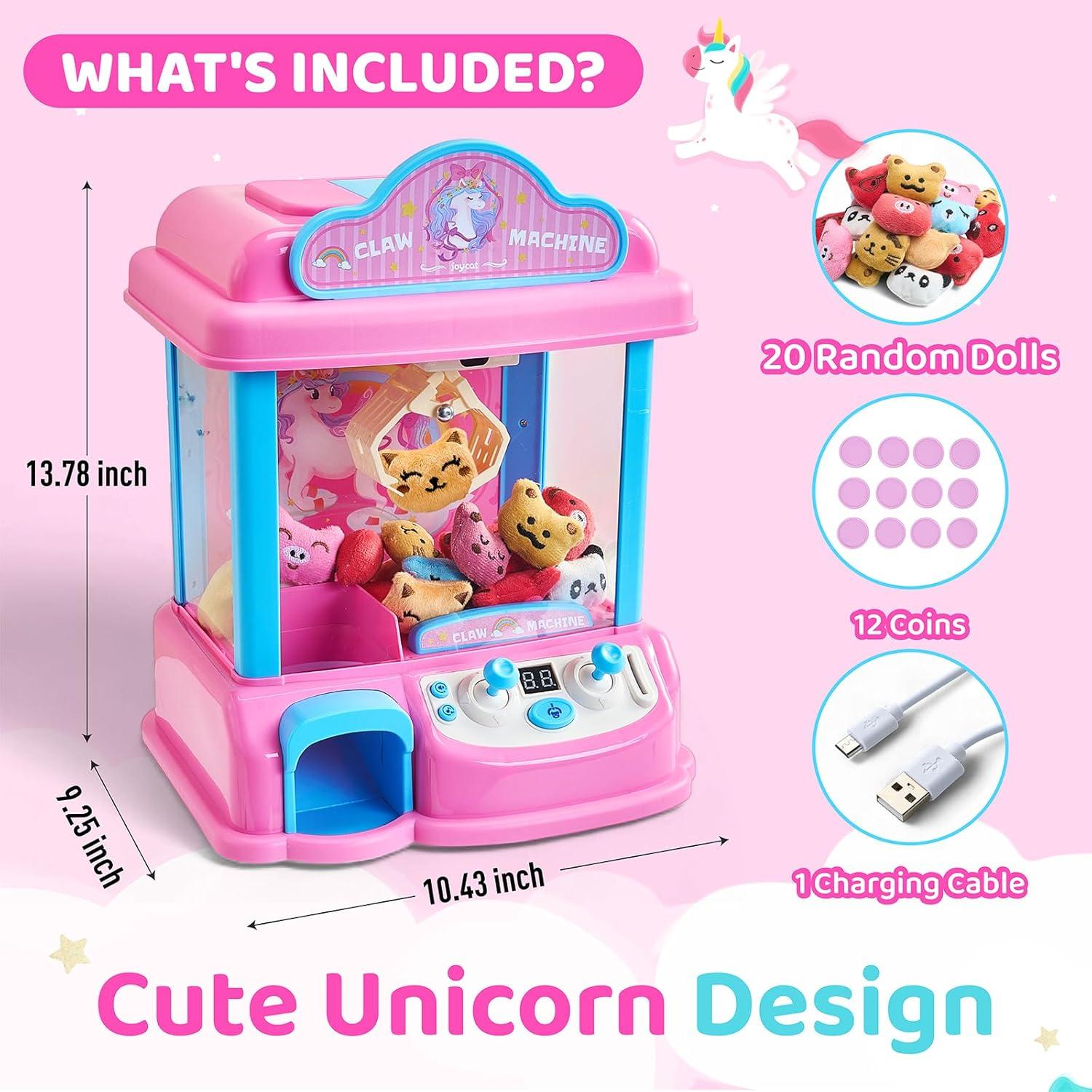 JoyCat Claw Machine for Kids, Unicorn Mini Vending Machine & Electronic Arcade Game with Adjustable Music & 20 Mini Plush Toys for Kids Ages 3-8, Indoor Toy for Home Party