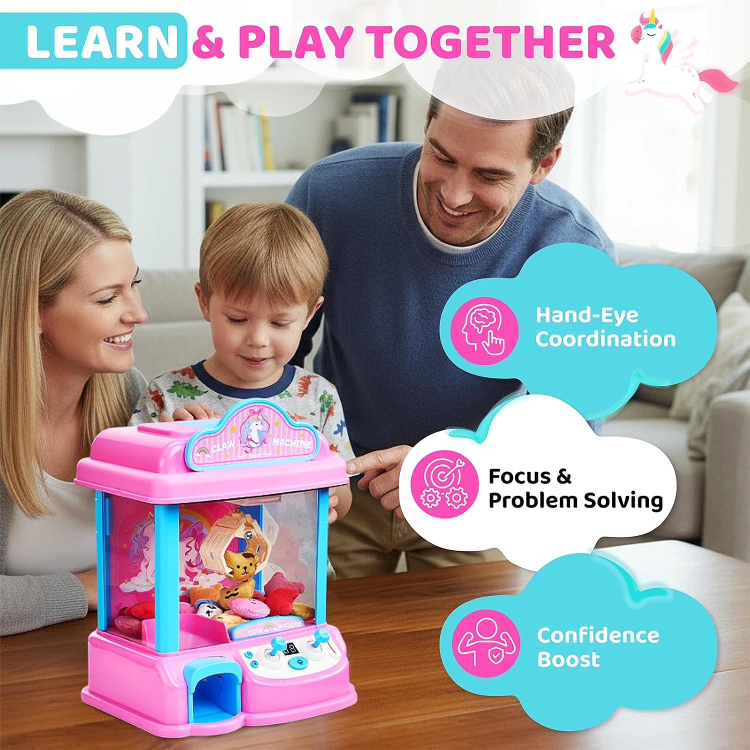 JoyCat Claw Machine for Kids, Unicorn Mini Vending Machine & Electronic Arcade Game with Adjustable Music & 20 Mini Plush Toys for Kids Ages 3-8, Indoor Toy for Home Party