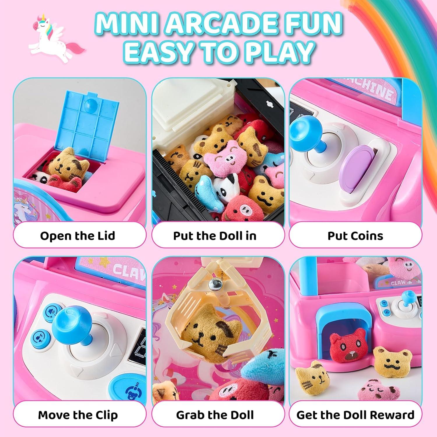 JoyCat Claw Machine for Kids, Unicorn Mini Vending Machine & Electronic Arcade Game with Adjustable Music & 20 Mini Plush Toys for Kids Ages 3-8, Indoor Toy for Home Party