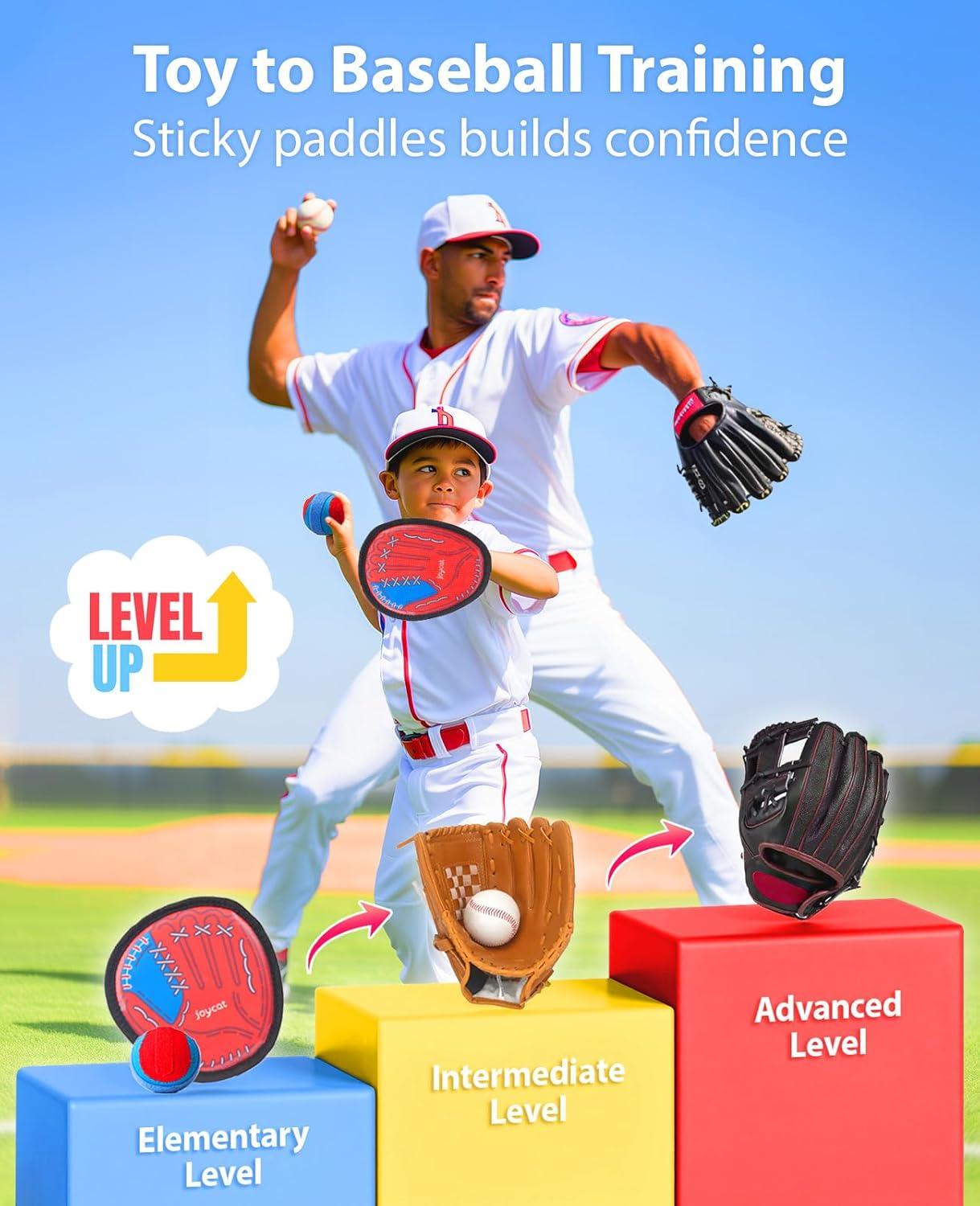 JoyCat Toss and Catch Ball Game for Kids,2 Paddles Outdoor Toys for Family Camping, Beach&Yard Games,Toddler Baseball Glove&Sticky Ball Set,Easter Basket Stuffers Birthday Gift for Boys Girls Age 3-12(4 Paddles 4 Balls)