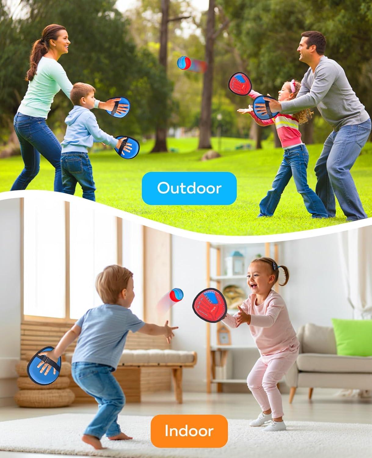 JoyCat Toss and Catch Ball Game for Kids,2 Paddles Outdoor Toys for Family Camping, Beach&Yard Games,Toddler Baseball Glove&Sticky Ball Set,Easter Basket Stuffers Birthday Gift for Boys Girls Age 3-12(4 Paddles 4 Balls)