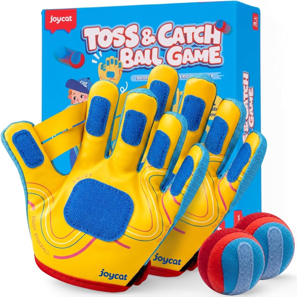 JoyCat Toss and Catch Ball Game with 4 Adjustable Gloves, 4 Soft Sticky Balls & Carry Bag, Toddler Baseball Glove Set, Outdoor Toys for Kids Ages 3-12, Family Backyard Beach Camping Games Gift(2 Gloves Set)